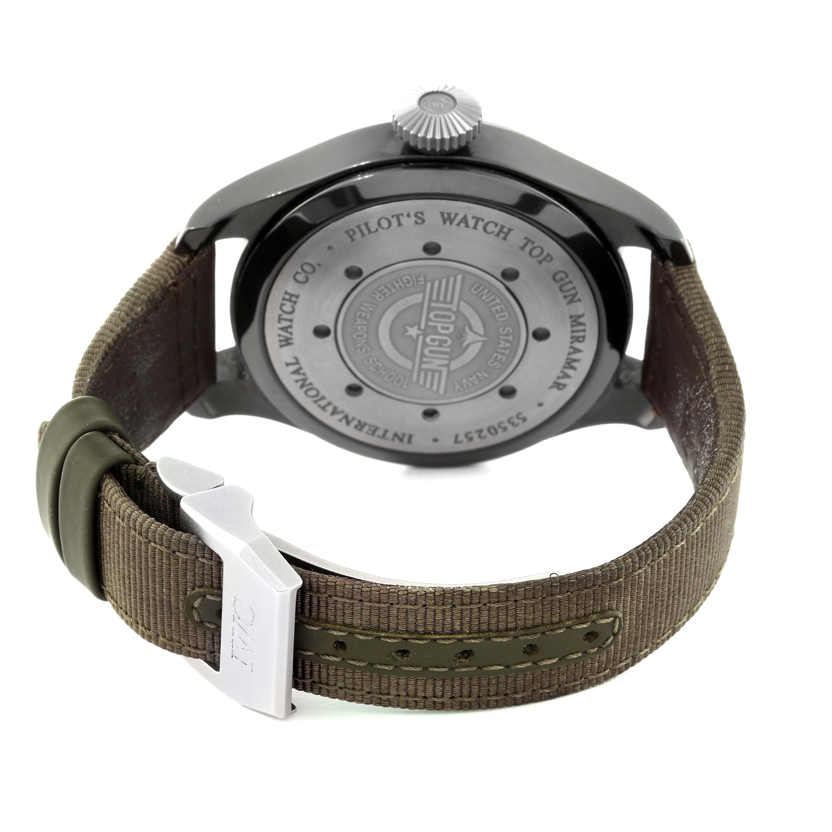 The image shows the case back and strap of an IWC Pilot IW501902 Men's Ceramic Grey Dial IW501902 Men's Ceramic Grey Dial's Watch Top Gun Miramar model from a rear angle.