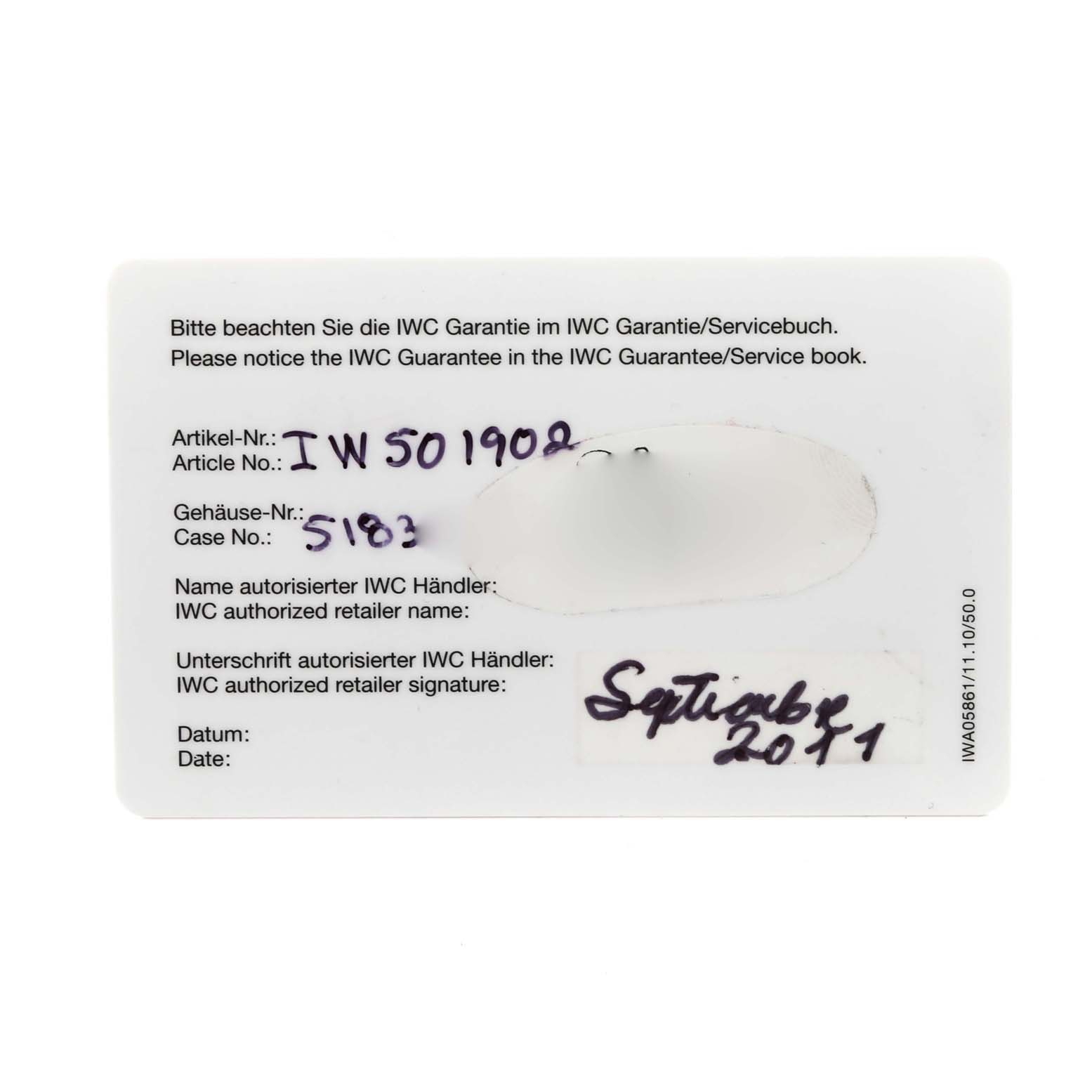 The image shows an IWC warranty card for a Pilot model watch, displaying the article and case numbers.