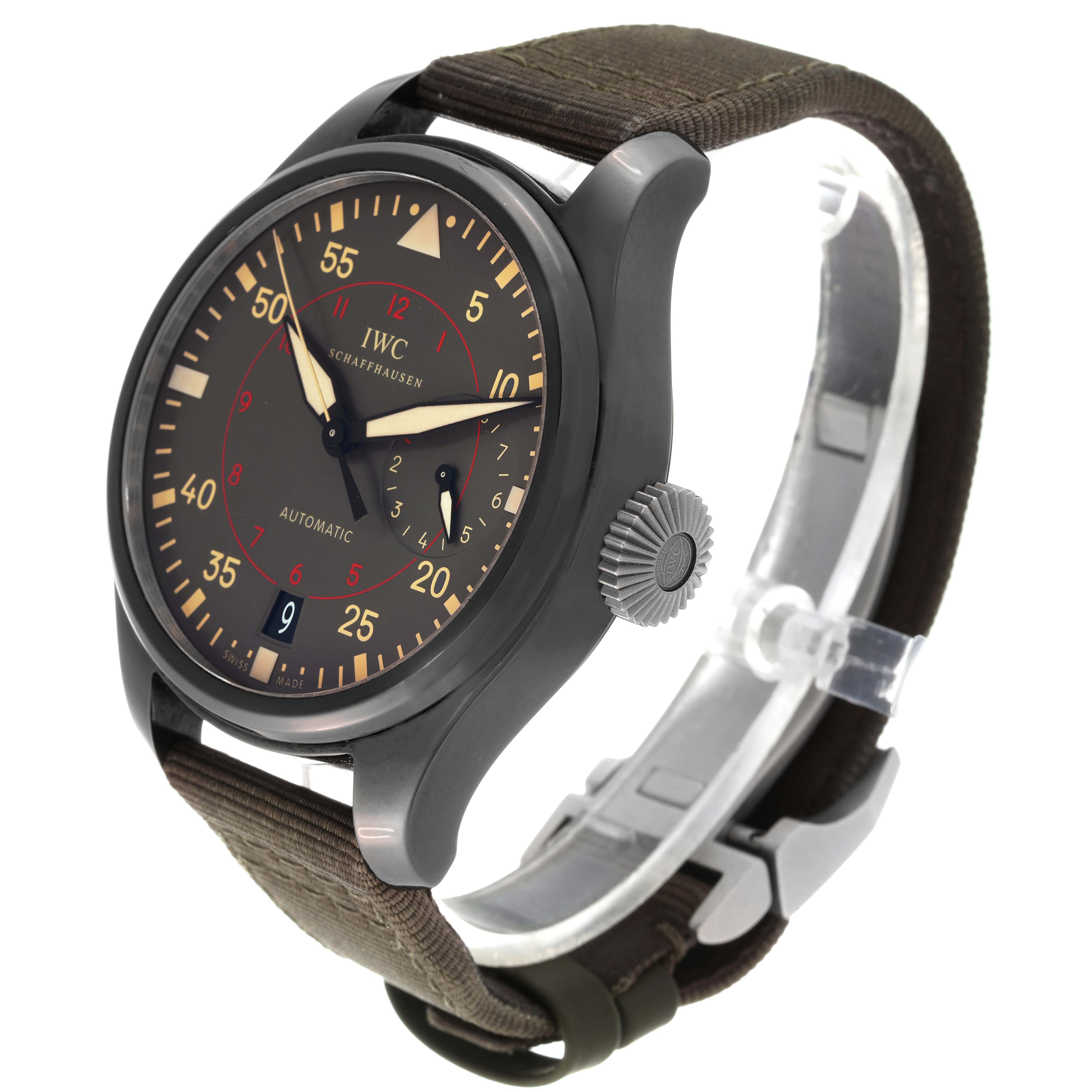The image shows a side angle of the IWC Pilot IW501902 Men's Ceramic Grey Dial IW501902 Men's Ceramic Grey Dial model watch, featuring the dial, crown, and watch strap.