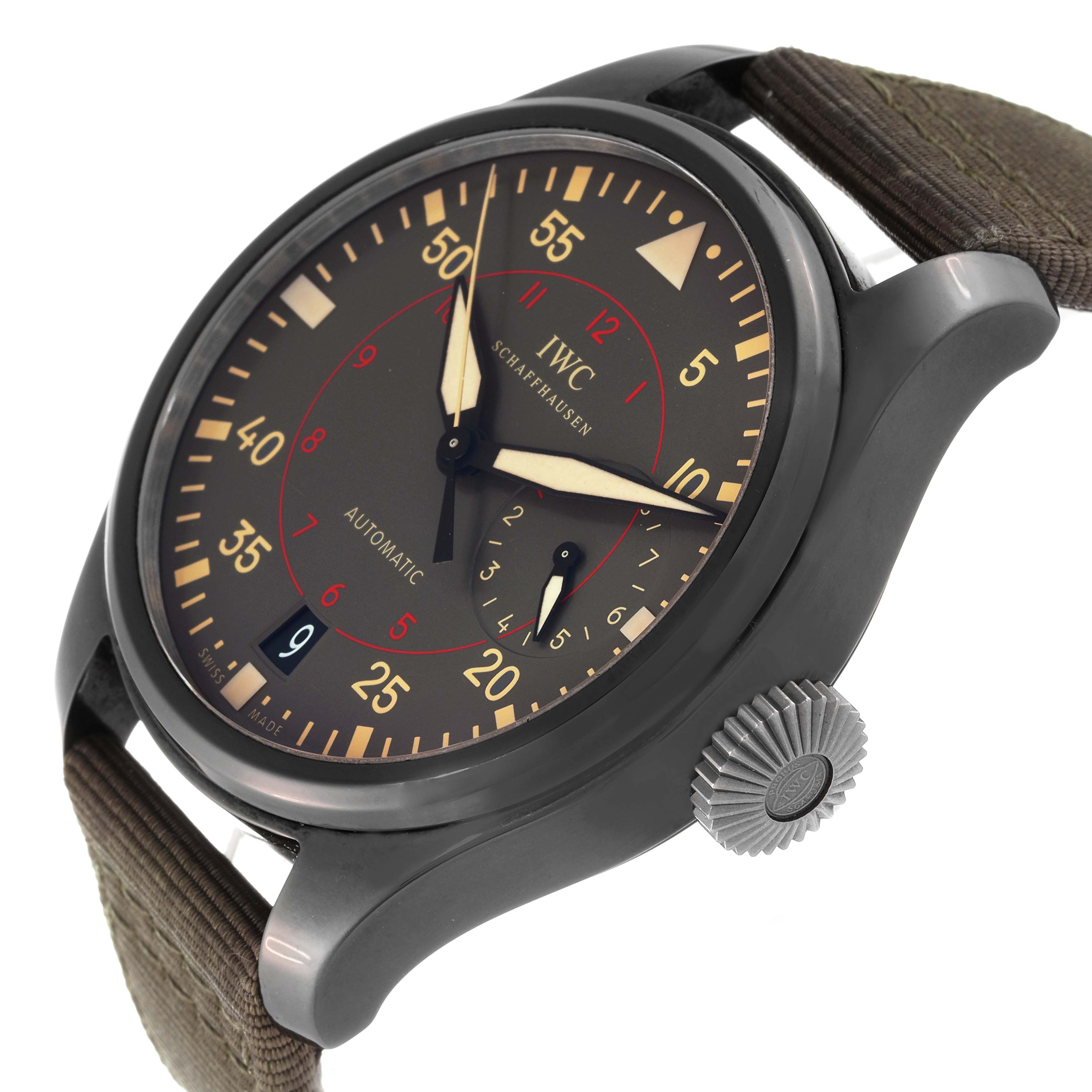 The image shows a close-up angle of the IWC Pilot IW501902 Men's Ceramic Grey Dial IW501902 Men's Ceramic Grey Dial model watch, highlighting the dial, hands, and crown.