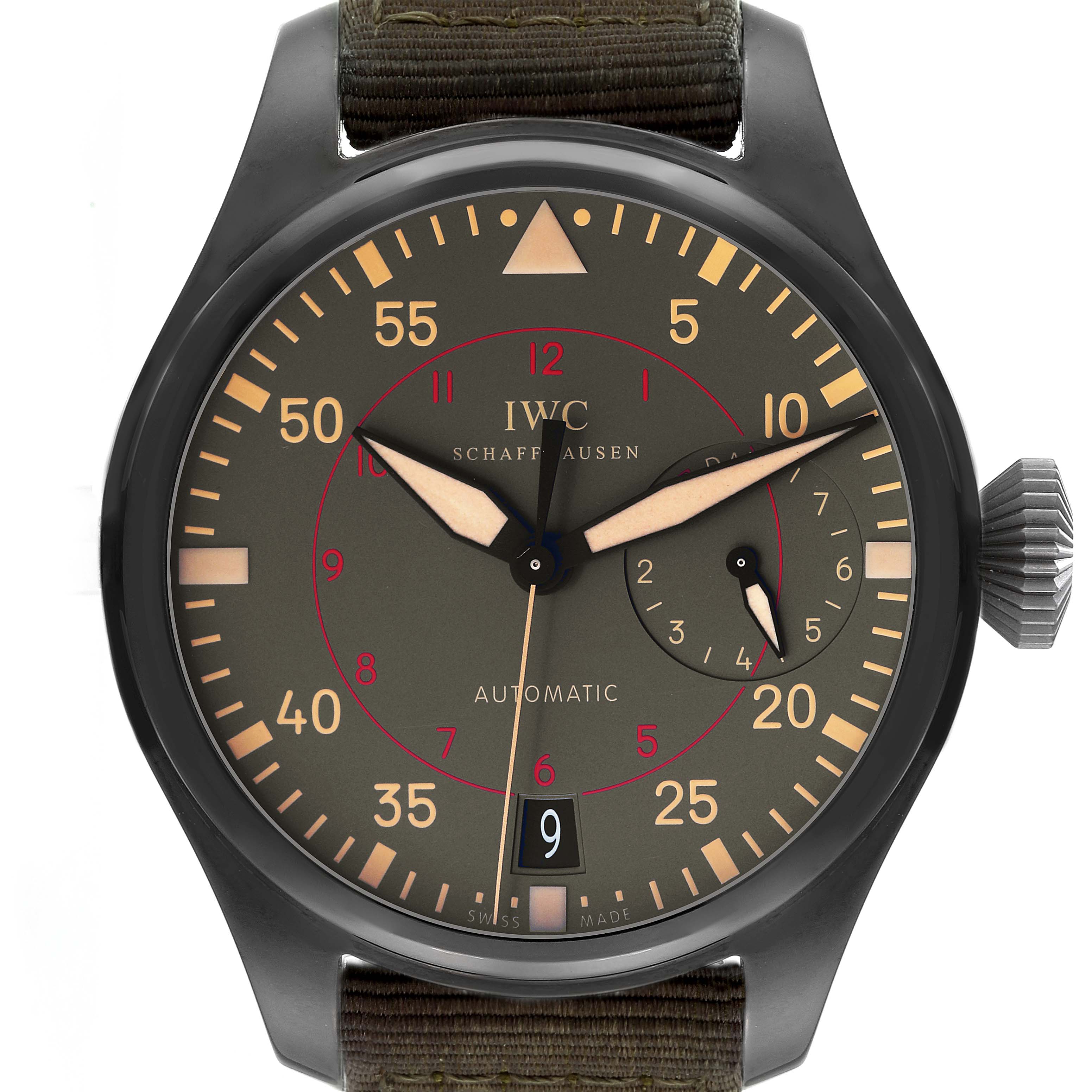 This is a frontal view of the IWC Pilot IW501902 Men's Ceramic Grey Dial IW501902 Men's Ceramic Grey Dial model watch displaying its dial, hands, numbers, and a portion of the strap.