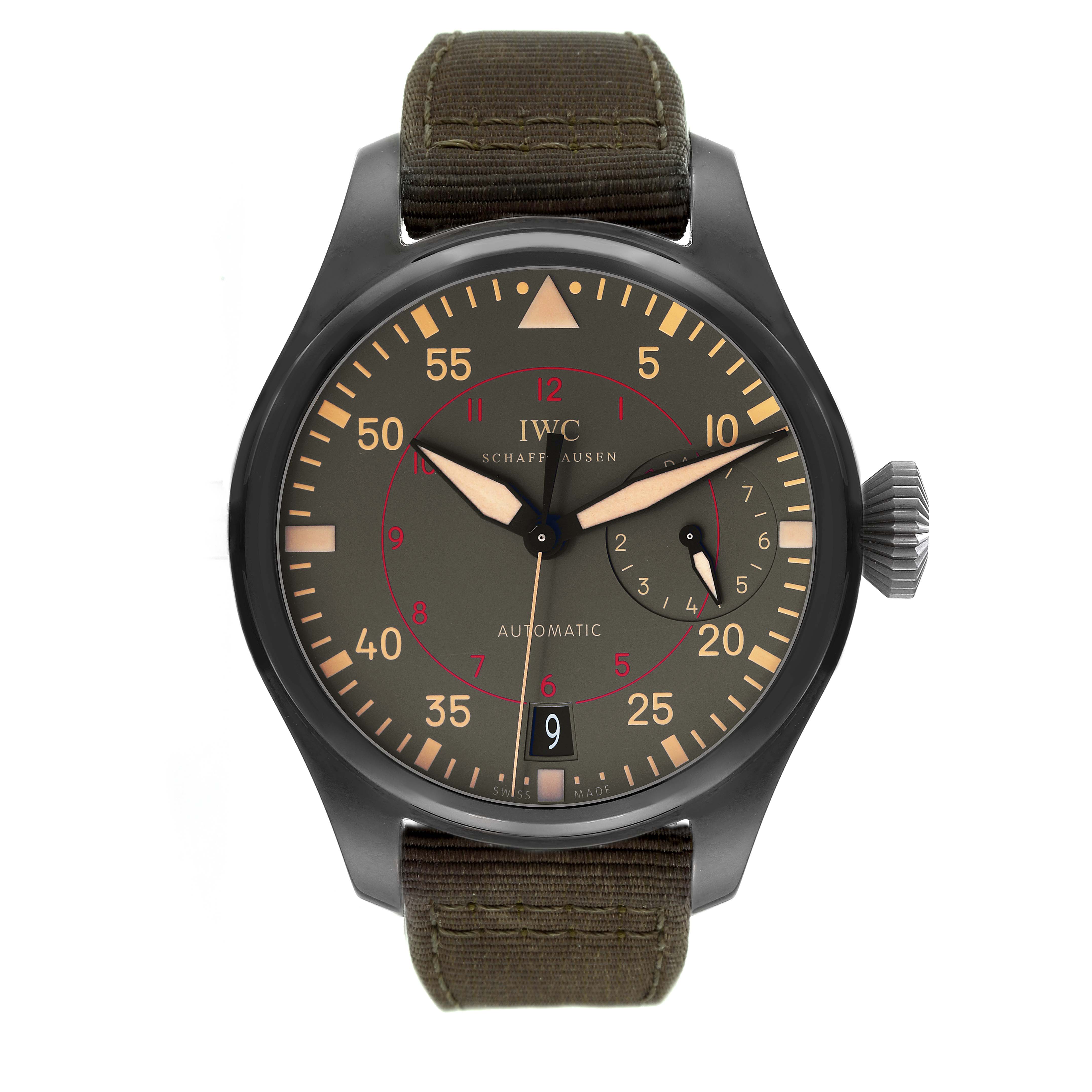 The image shows a front view of the IWC Pilot IW501902 Men's Ceramic Grey Dial IW501902 Men's Ceramic Grey Dial watch model with a green strap and detailed dial.