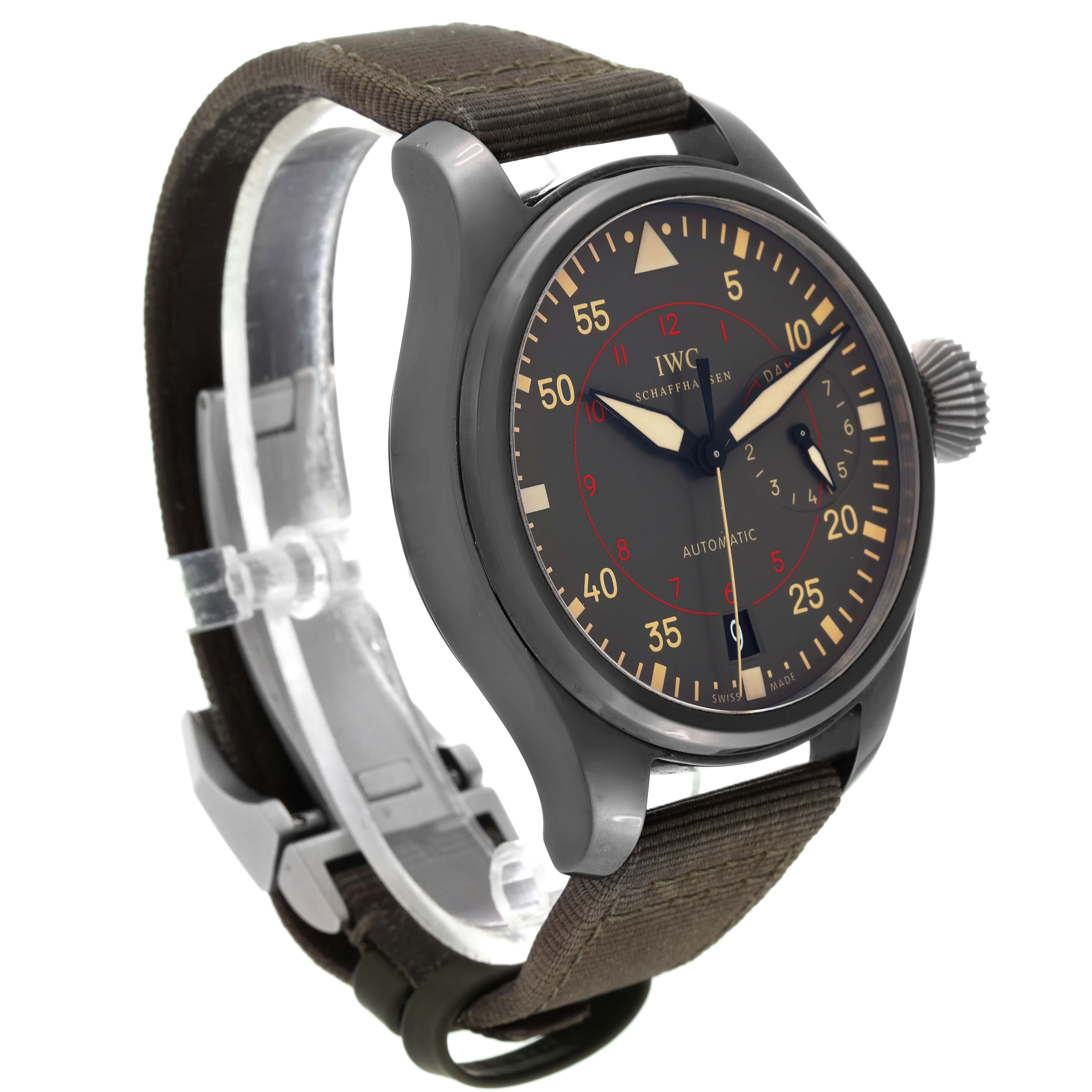 The image shows an IWC Pilot IW501902 Men's Ceramic Grey Dial IW501902 Men's Ceramic Grey Dial model watch photographed at an angle from the front-left, displaying the face and strap.