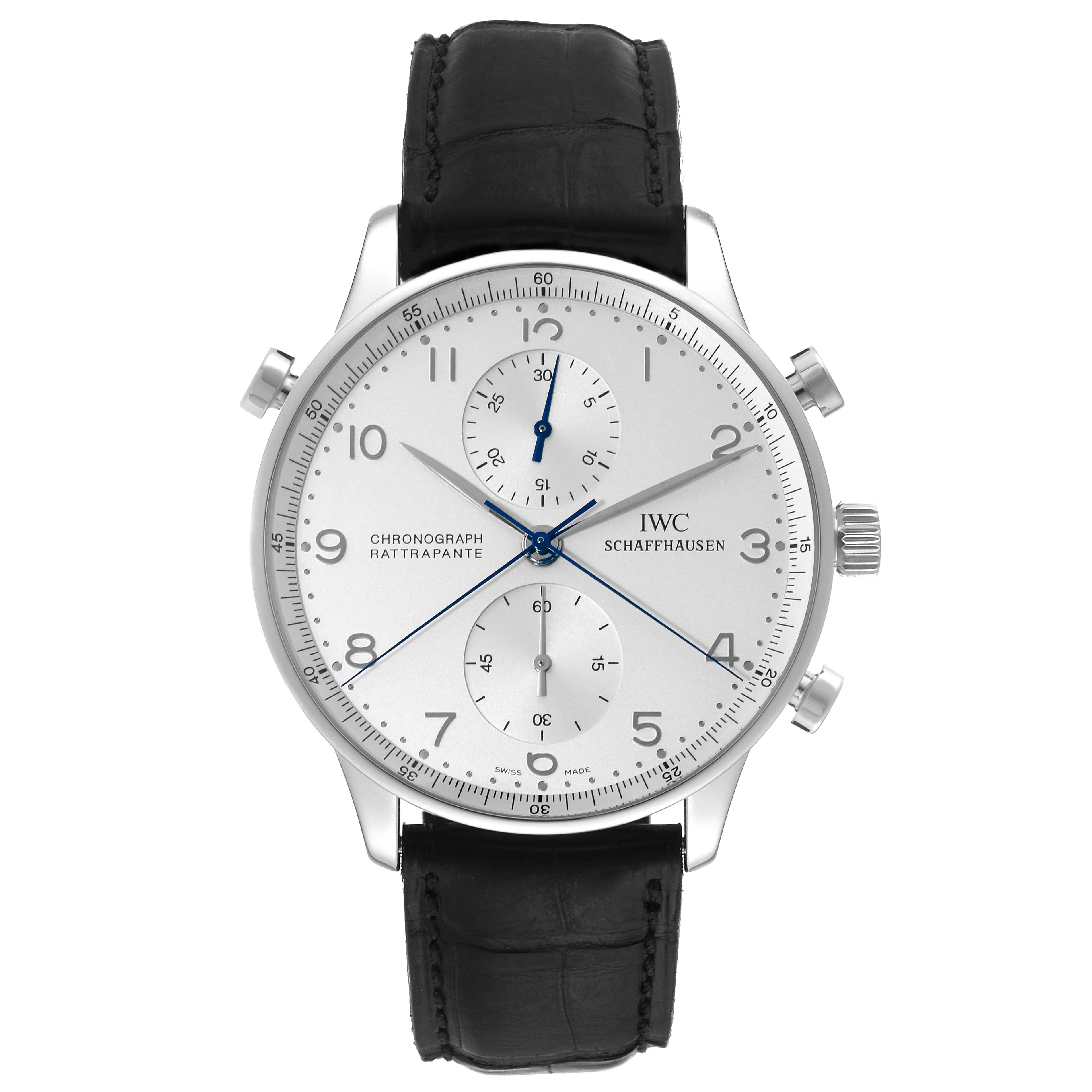 This image shows a frontal view of an IWC Portuguese IW3711205 Men's Platinum Silver Dial IW3711205 Men's Platinum Silver Dial Chronograph wristwatch with a silver dial, black leather strap, and three sub-dials.