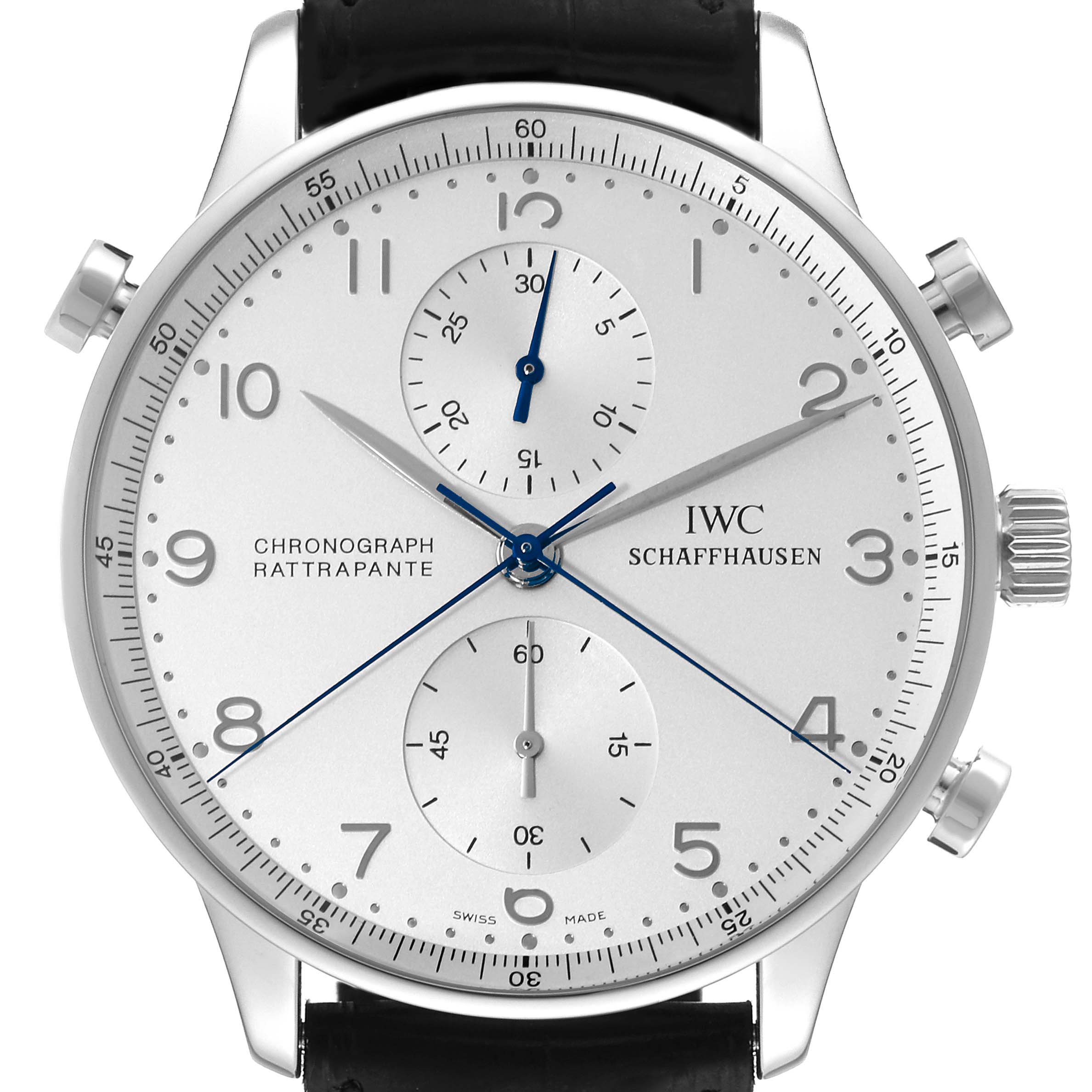 The IWC Portuguese IW3711205 Men's Platinum Silver Dial IW3711205 Men's Platinum Silver Dial Chronograph Rattrapante watch is shown from a front angle, displaying the dial, two sub-dials, and crown.
