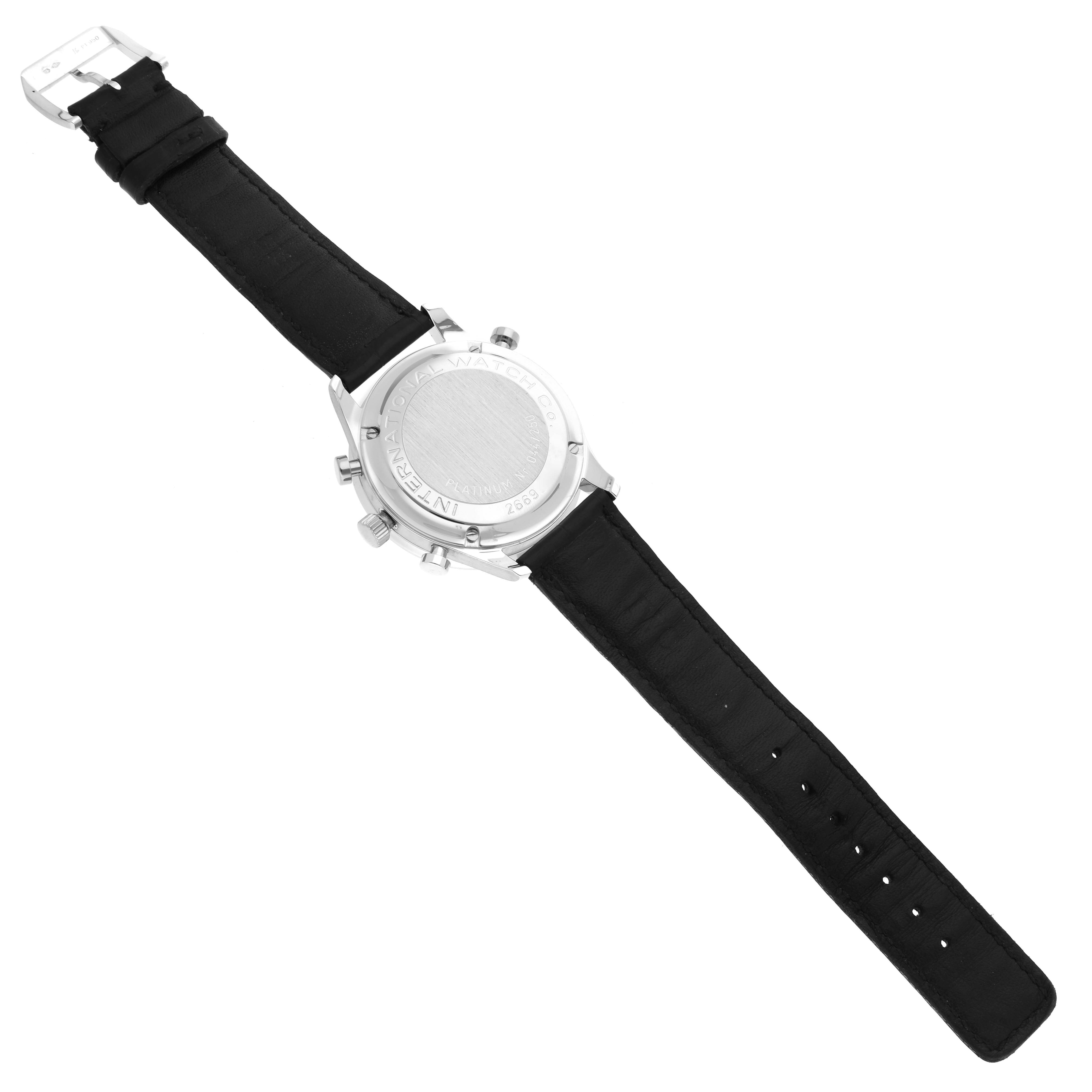 The image shows the backside and strap of the IWC Portuguese IW3711205 Men's Platinum Silver Dial IW3711205 Men's Platinum Silver Dial model watch.