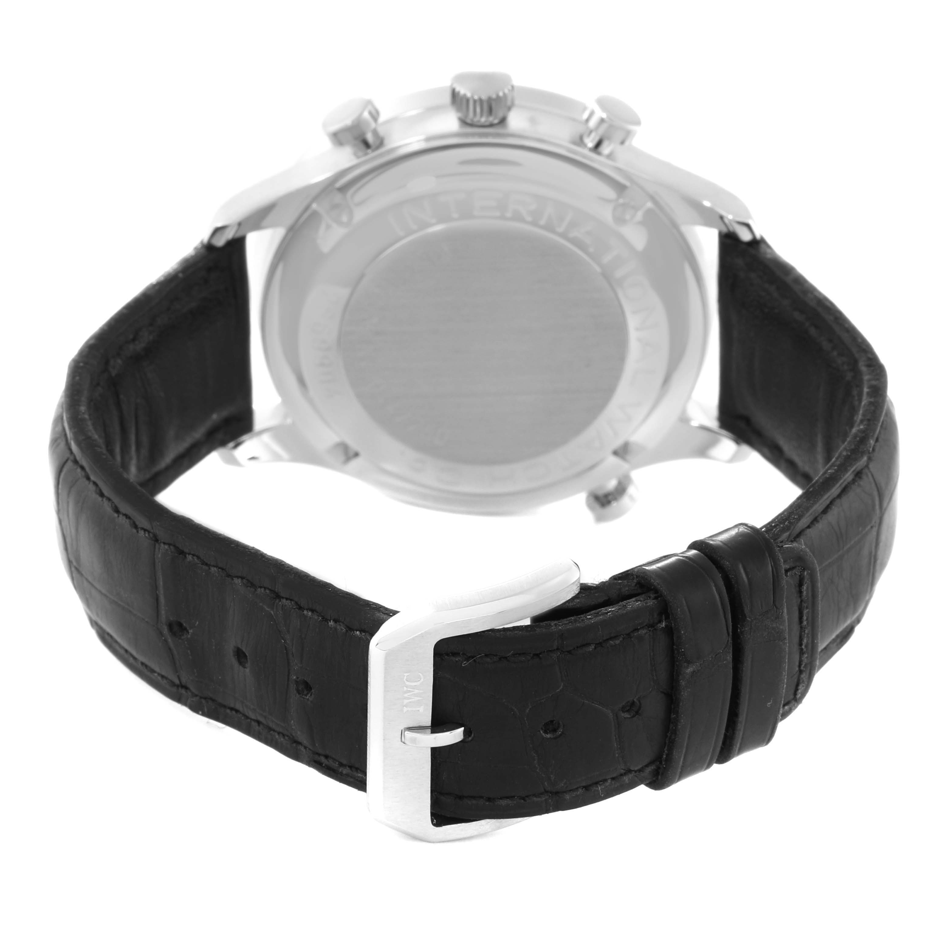 The image shows the back view of an IWC Portuguese IW3711205 Men's Platinum Silver Dial IW3711205 Men's Platinum Silver Dial model watch, focusing on the case back and black leather strap with clasp.