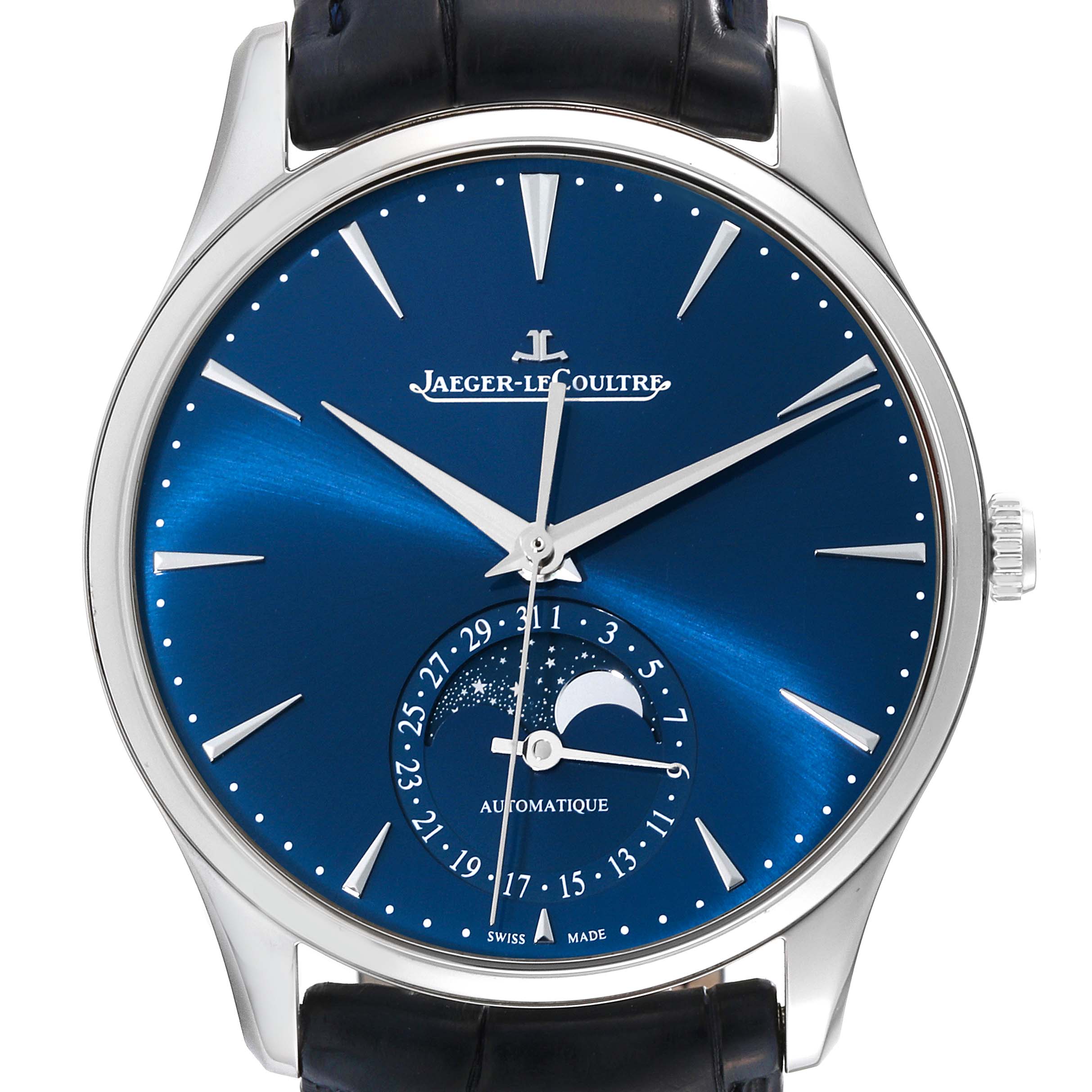 The image shows a frontal view of the Jaeger-LeCoultre Master model watch, highlighting its blue dial and moonphase display.
