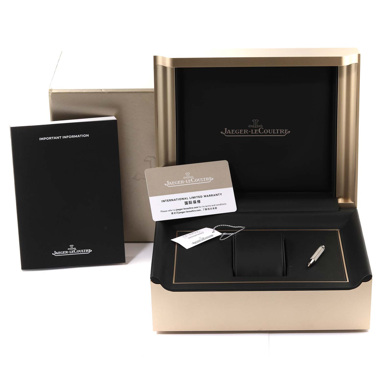 The image shows a Jaeger-LeCoultre Master model box set, including a presentation box, warranty card, information booklet, and pen, viewed from the front.