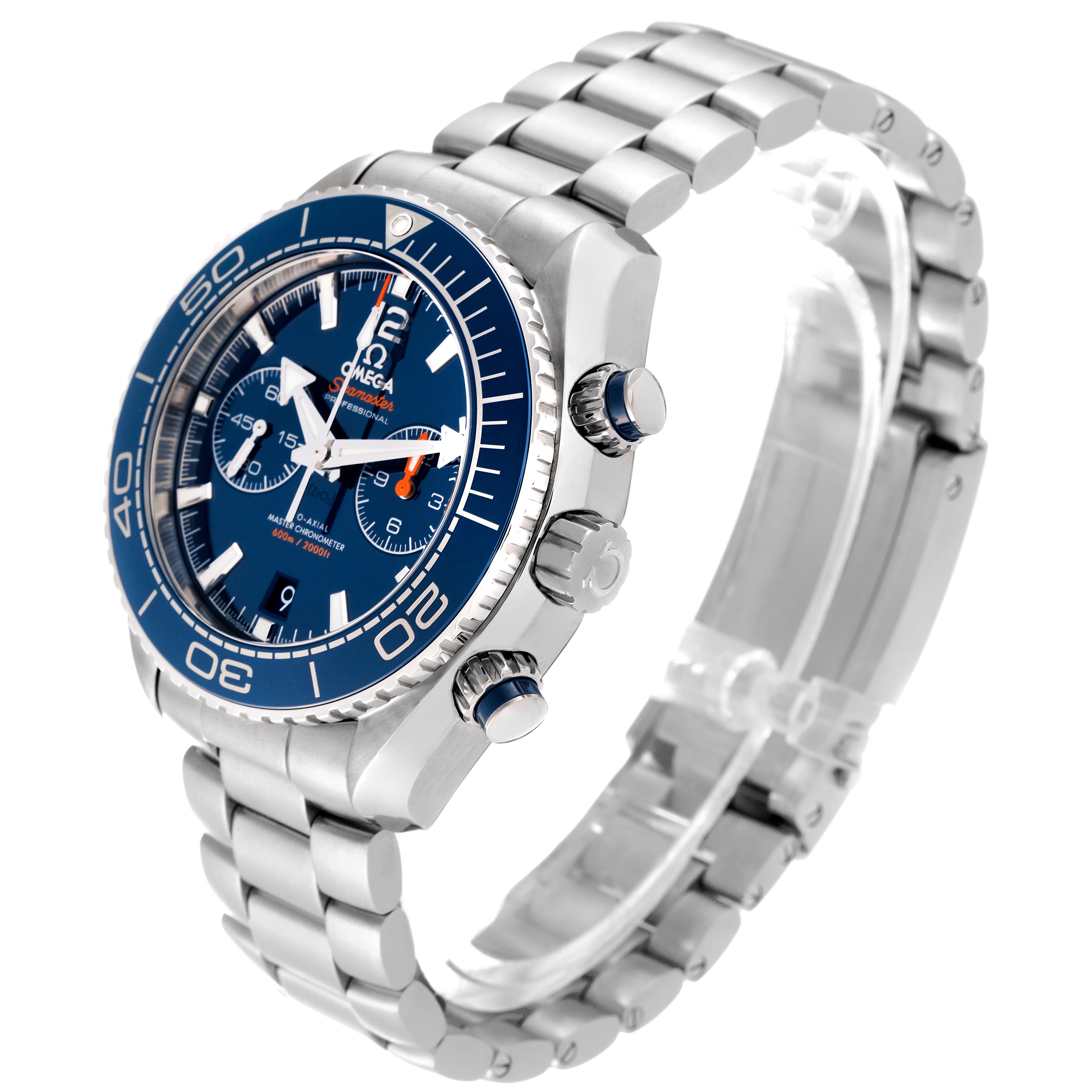 This Omega Planet Ocean 215.30.46.51.03.001 Men
s Stainless Steel Blue Dial 215.30.46.51.03.001 Men
s Stainless Steel Blue Dial watch is shown at a three-quarter angle, highlighting its blue dial, bezel, stainless steel bracelet, and chronograph pushers.