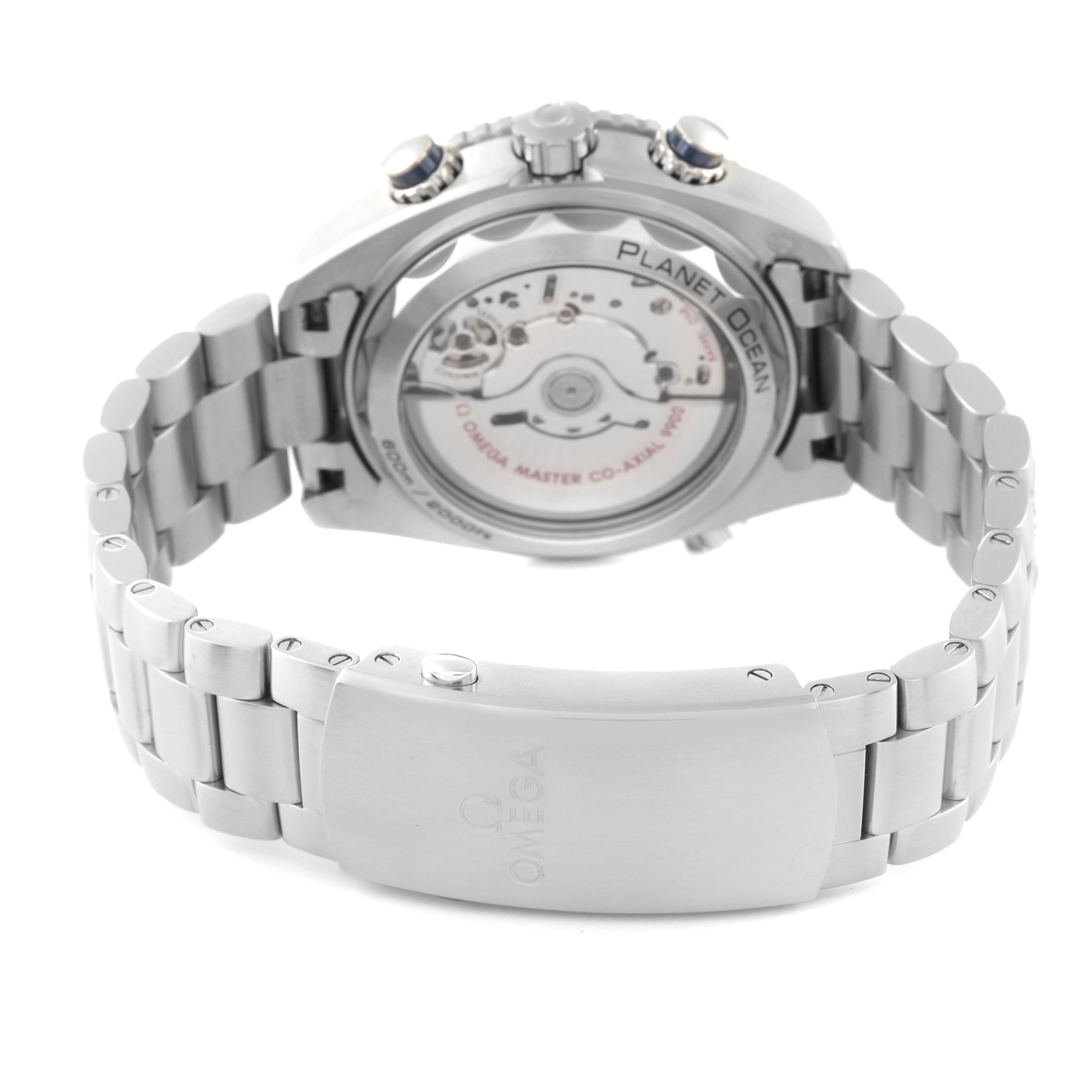 The image shows the back view of the Omega Planet Ocean 215.30.46.51.03.001 Men
s Stainless Steel Blue Dial 215.30.46.51.03.001 Men
s Stainless Steel Blue Dial watch, highlighting its case back and metal bracelet.