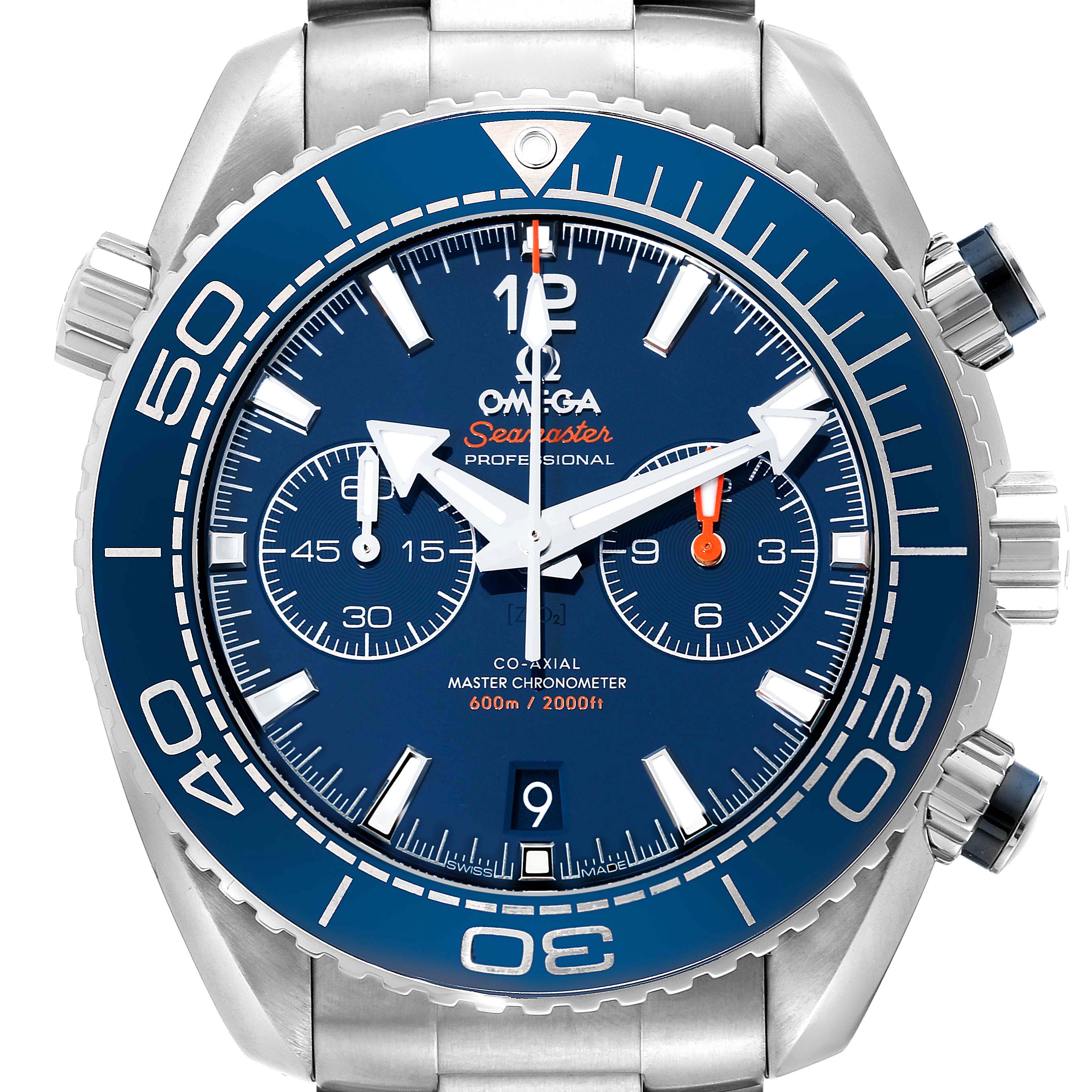 The image shows a close-up, front view of the Omega Planet Ocean 215.30.46.51.03.001 Men
s Stainless Steel Blue Dial 215.30.46.51.03.001 Men
s Stainless Steel Blue Dial Seamaster Professional watch with its dial and bezel clearly visible.