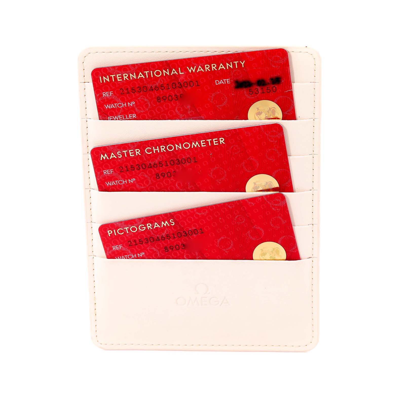 The image shows warranty and certification cards for the Omega Planet Ocean 215.30.46.51.03.001 Men
s Stainless Steel Blue Dial 215.30.46.51.03.001 Men
s Stainless Steel Blue Dial model in a white cardholder.