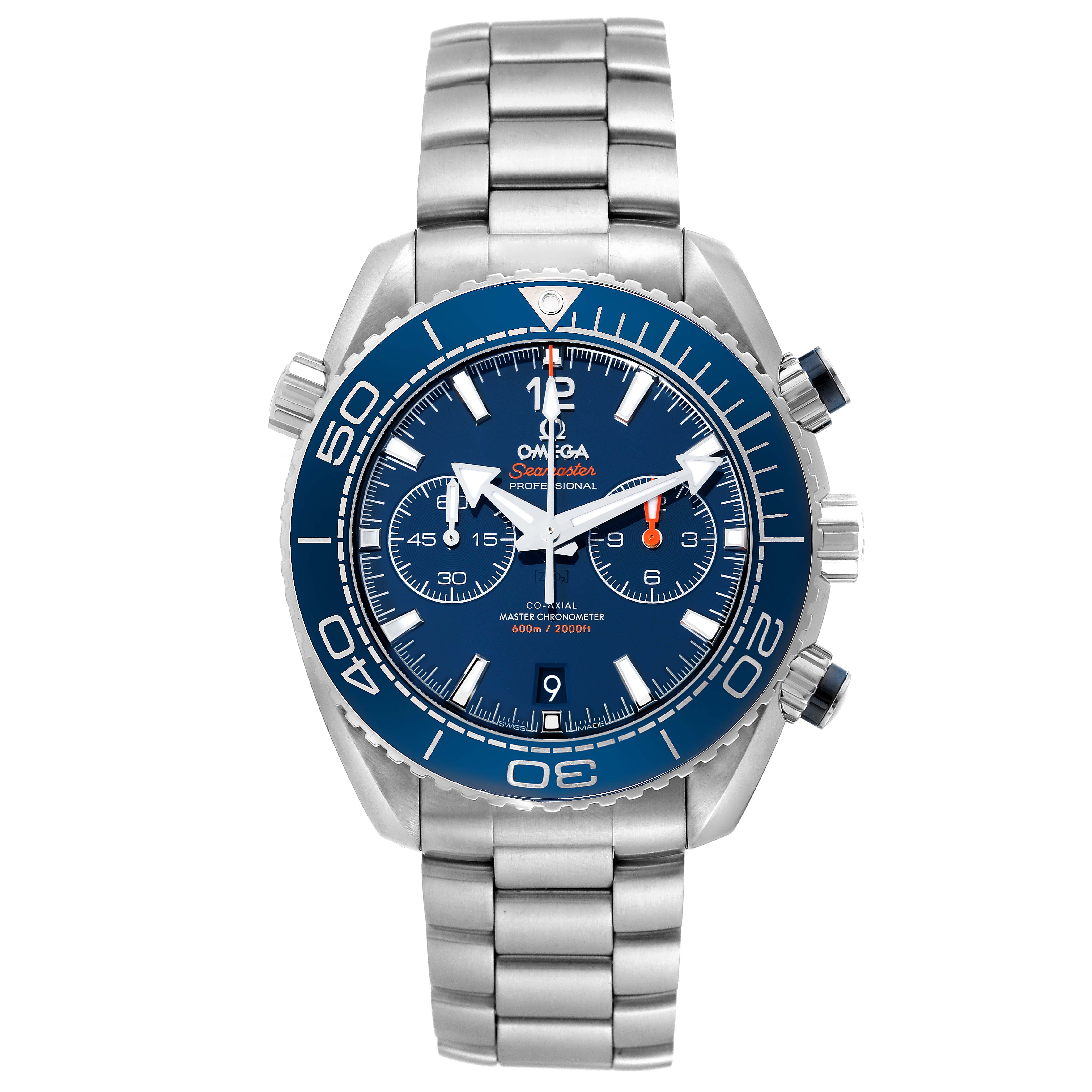 The Omega Planet Ocean 215.30.46.51.03.001 Men
s Stainless Steel Blue Dial 215.30.46.51.03.001 Men
s Stainless Steel Blue Dial model watch is shown from a front angle, displaying its blue dial, bezel, and metal bracelet.