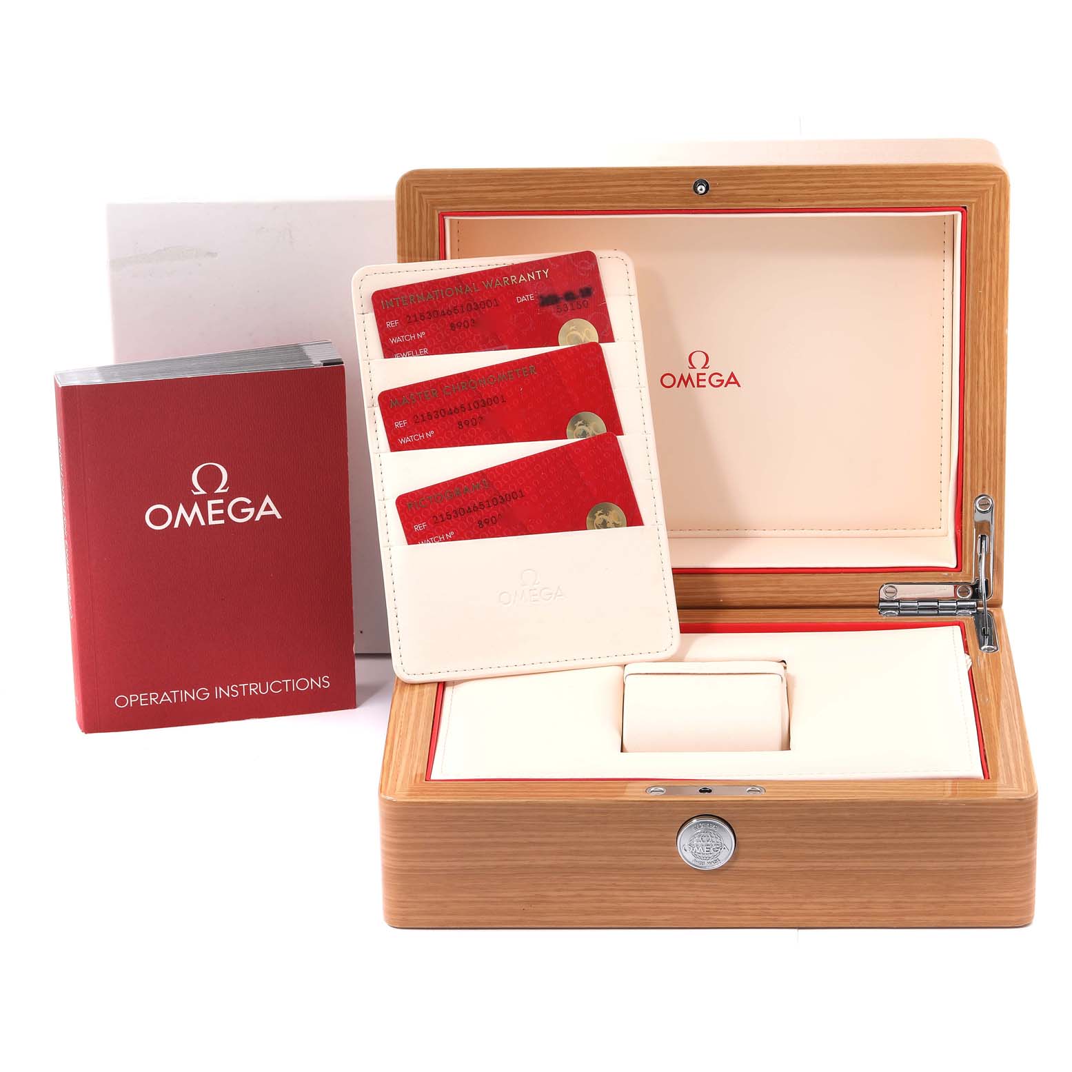 The image shows the packaging and accessories for an Omega Planet Ocean 215.30.46.51.03.001 Men
s Stainless Steel Blue Dial 215.30.46.51.03.001 Men
s Stainless Steel Blue Dial watch, including a wooden box, instruction manual, and warranty cards.