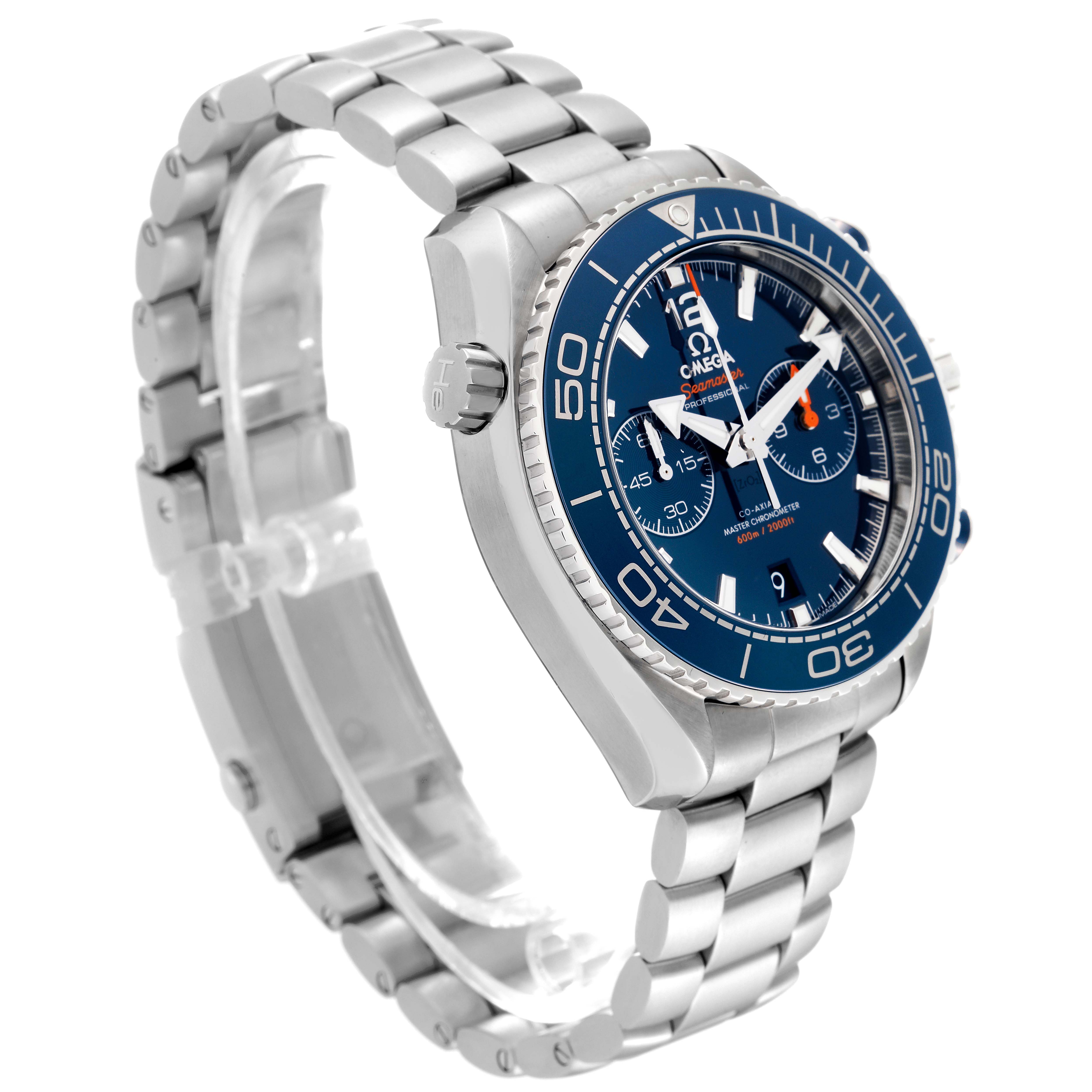 The image shows a side angle of the Omega Planet Ocean 215.30.46.51.03.001 Men
s Stainless Steel Blue Dial 215.30.46.51.03.001 Men
s Stainless Steel Blue Dial watch, highlighting the bracelet, bezel, and dial.