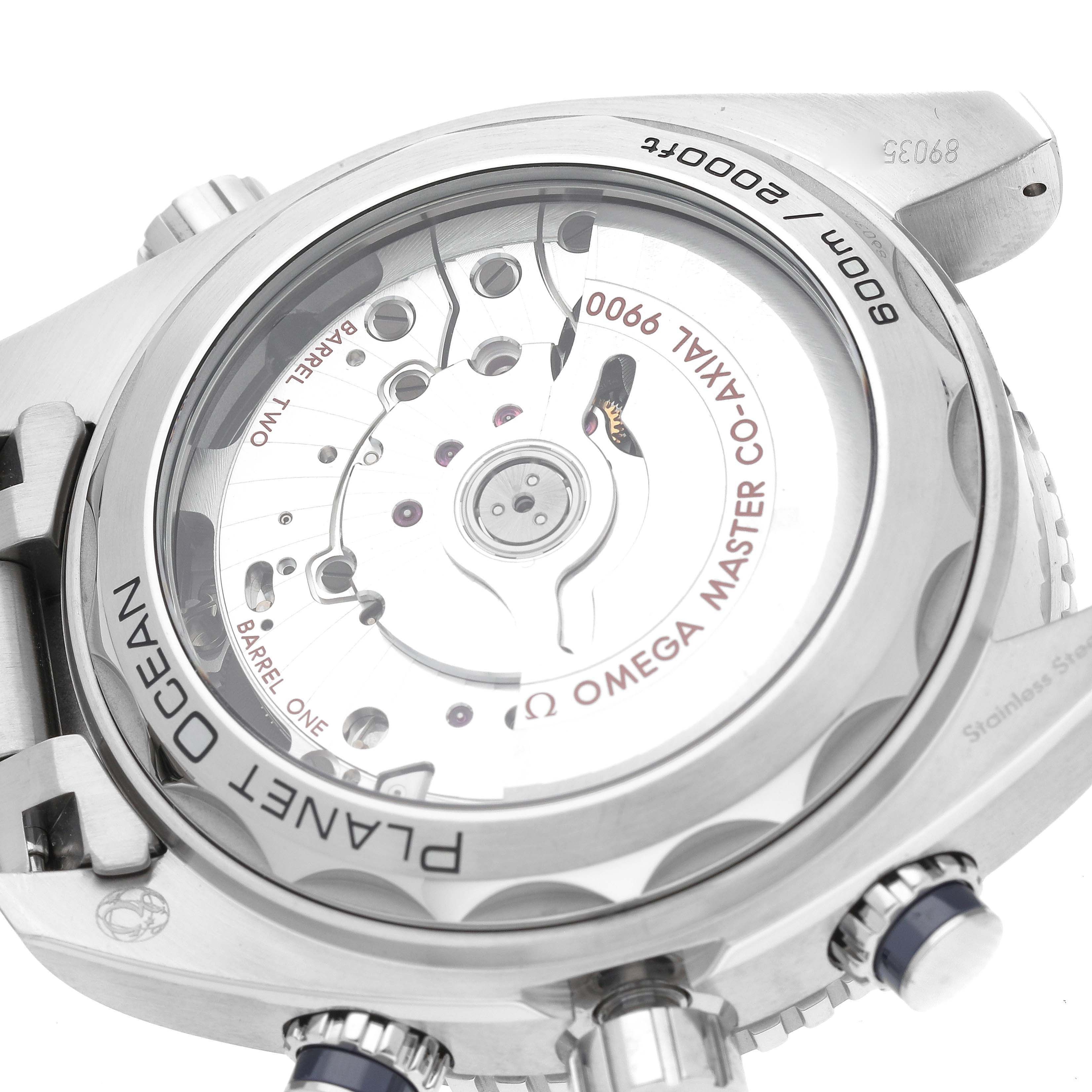 This image shows the back view of the Omega Planet Ocean 215.30.46.51.03.001 Men
s Stainless Steel Blue Dial 215.30.46.51.03.001 Men
s Stainless Steel Blue Dial watch, highlighting its transparent case back and internal mechanism.