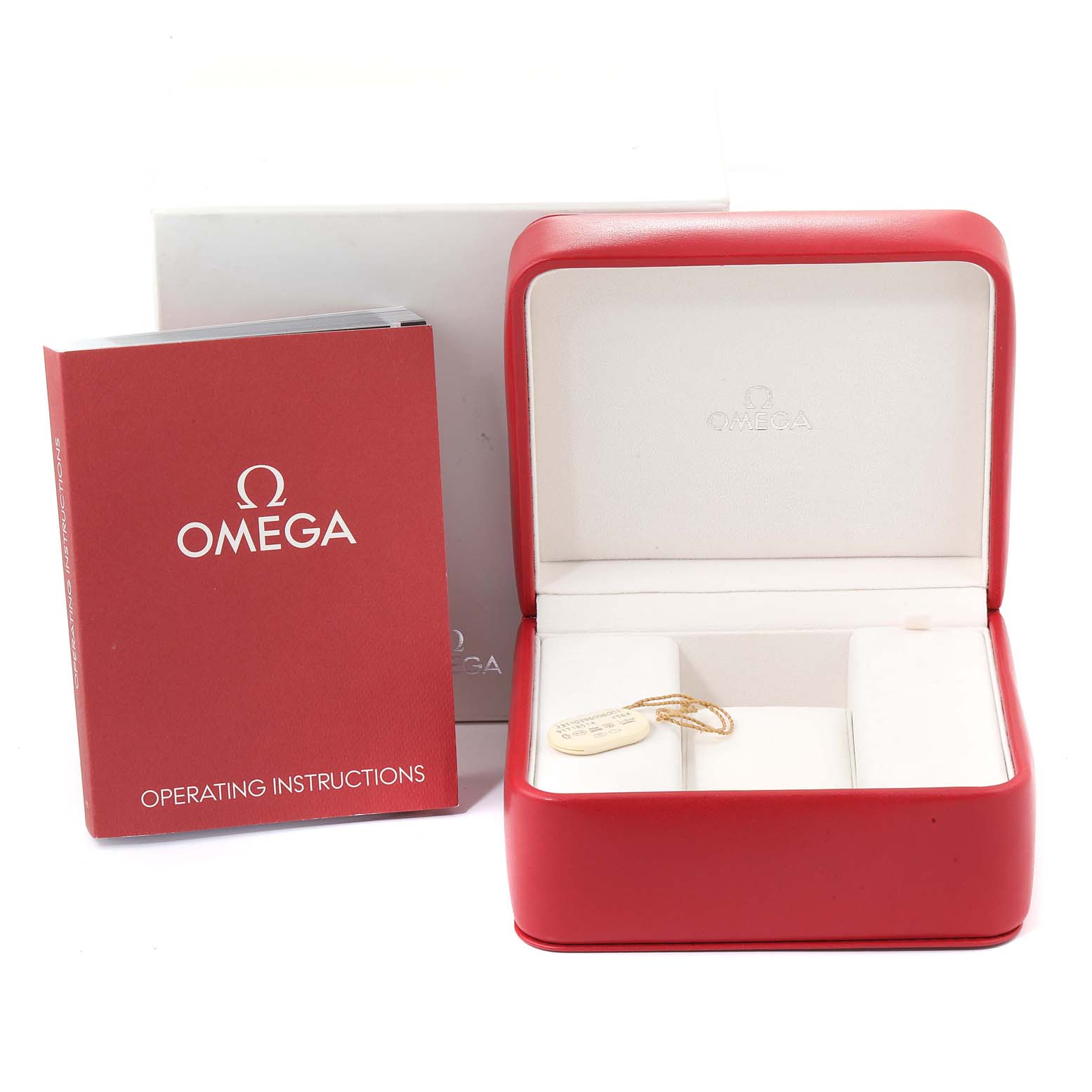 The image shows an Omega Seamaster 2296.80.00 Men
s Titanium Blue Dial 2296.80.00 Men
s Titanium Blue Dial watch box, a tag, and an operating instructions manual, all viewed from the front.