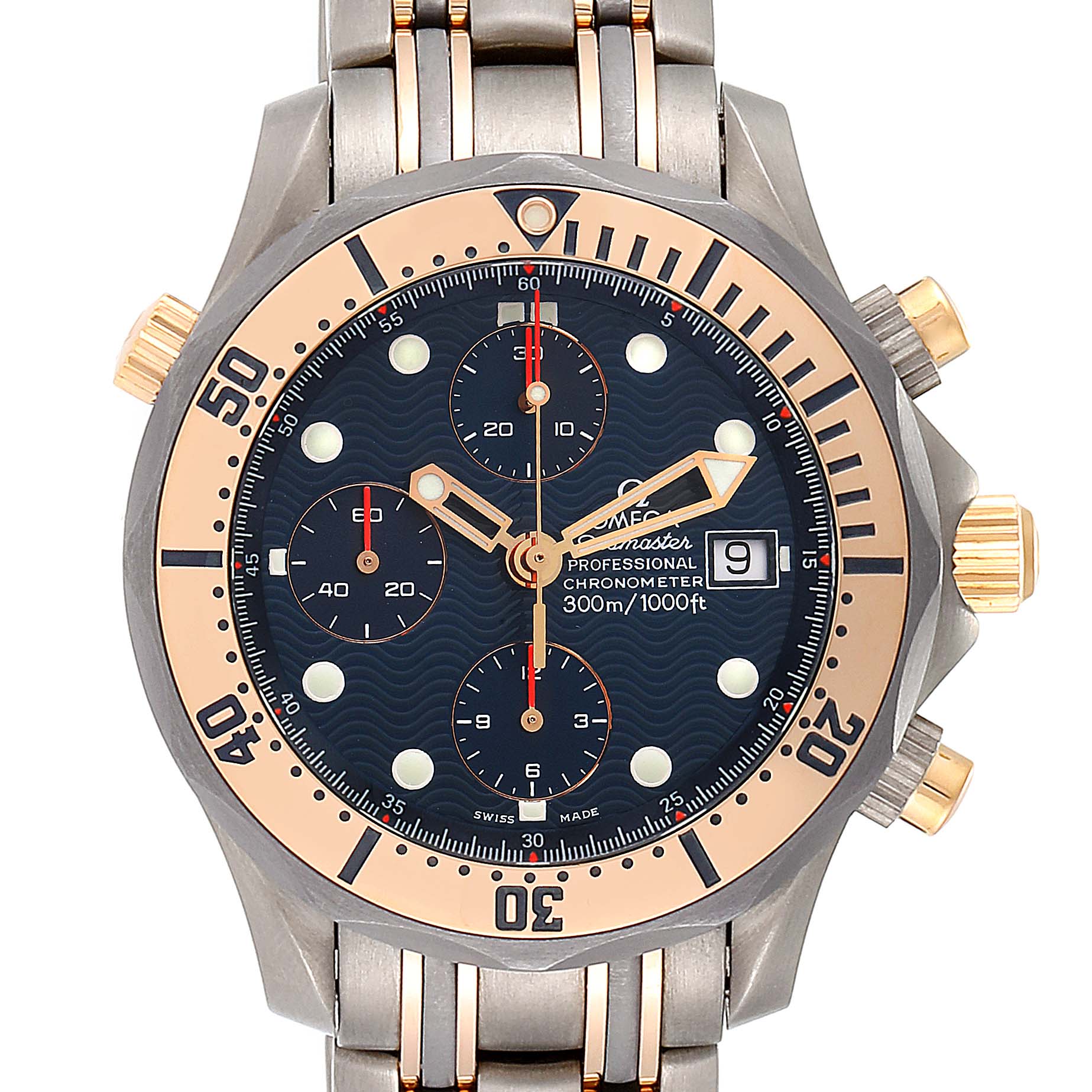 The image shows a frontal view of the Omega Seamaster 2296.80.00 Men
s Titanium Blue Dial 2296.80.00 Men
s Titanium Blue Dial Professional Chronometer watch, including its dial, bezel, and bracelet.