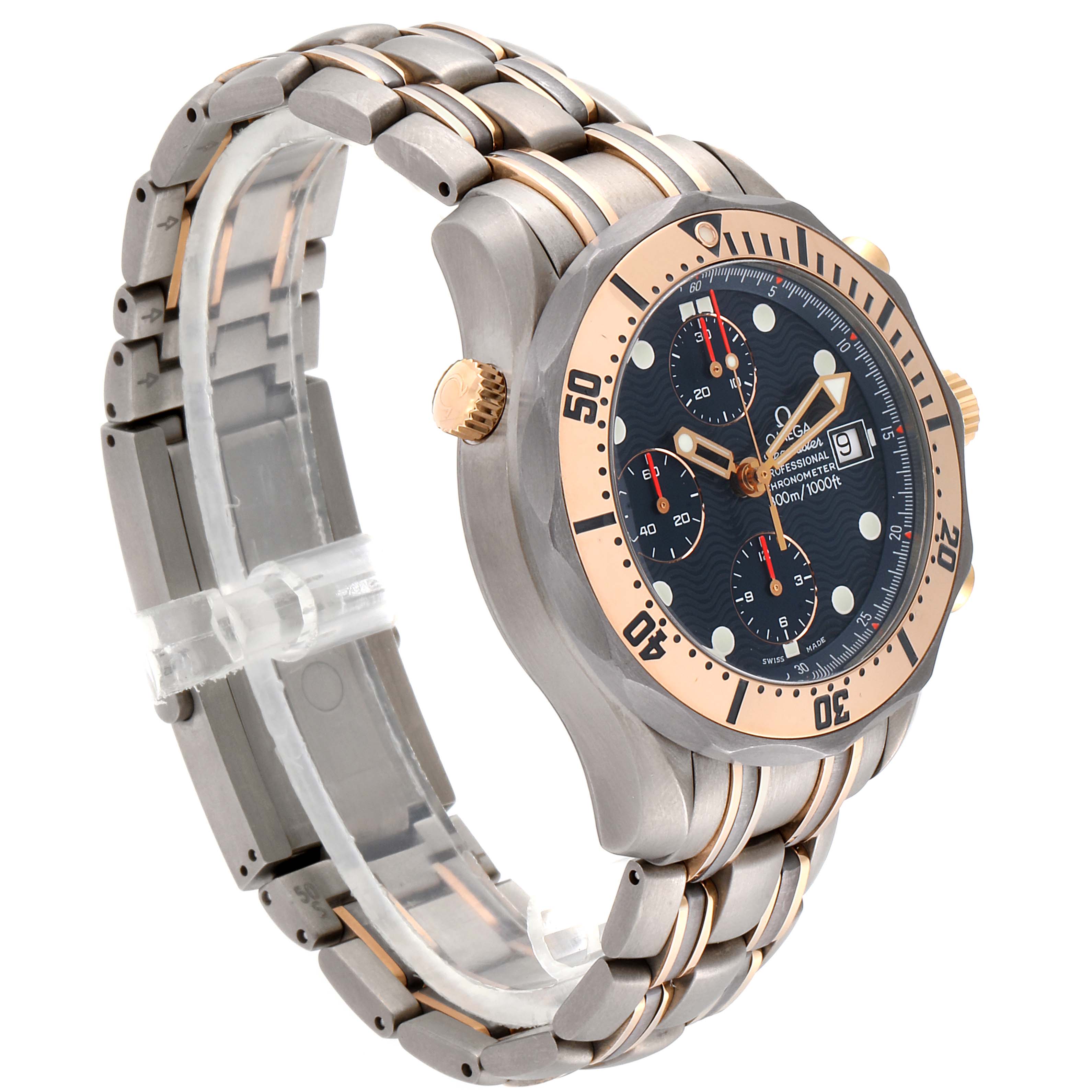 The image shows an angled view of the Omega Seamaster 2296.80.00 Men
s Titanium Blue Dial 2296.80.00 Men
s Titanium Blue Dial watch, displaying the case, bezel, dial, bracelet, and crown.