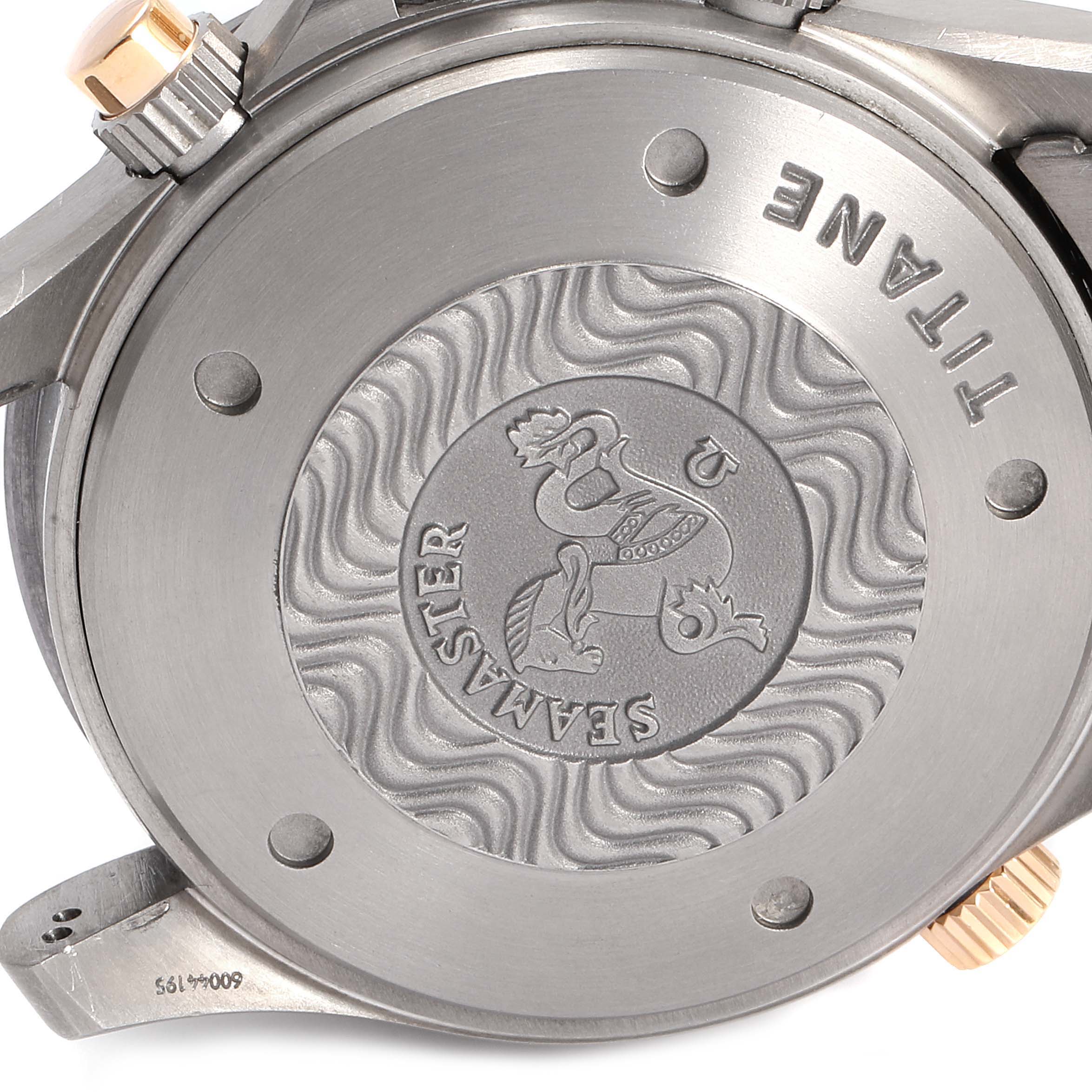 This image shows the back case of the Omega Seamaster 2296.80.00 Men
s Titanium Blue Dial 2296.80.00 Men
s Titanium Blue Dial watch, highlighting the Seamaster logo and titanium material.