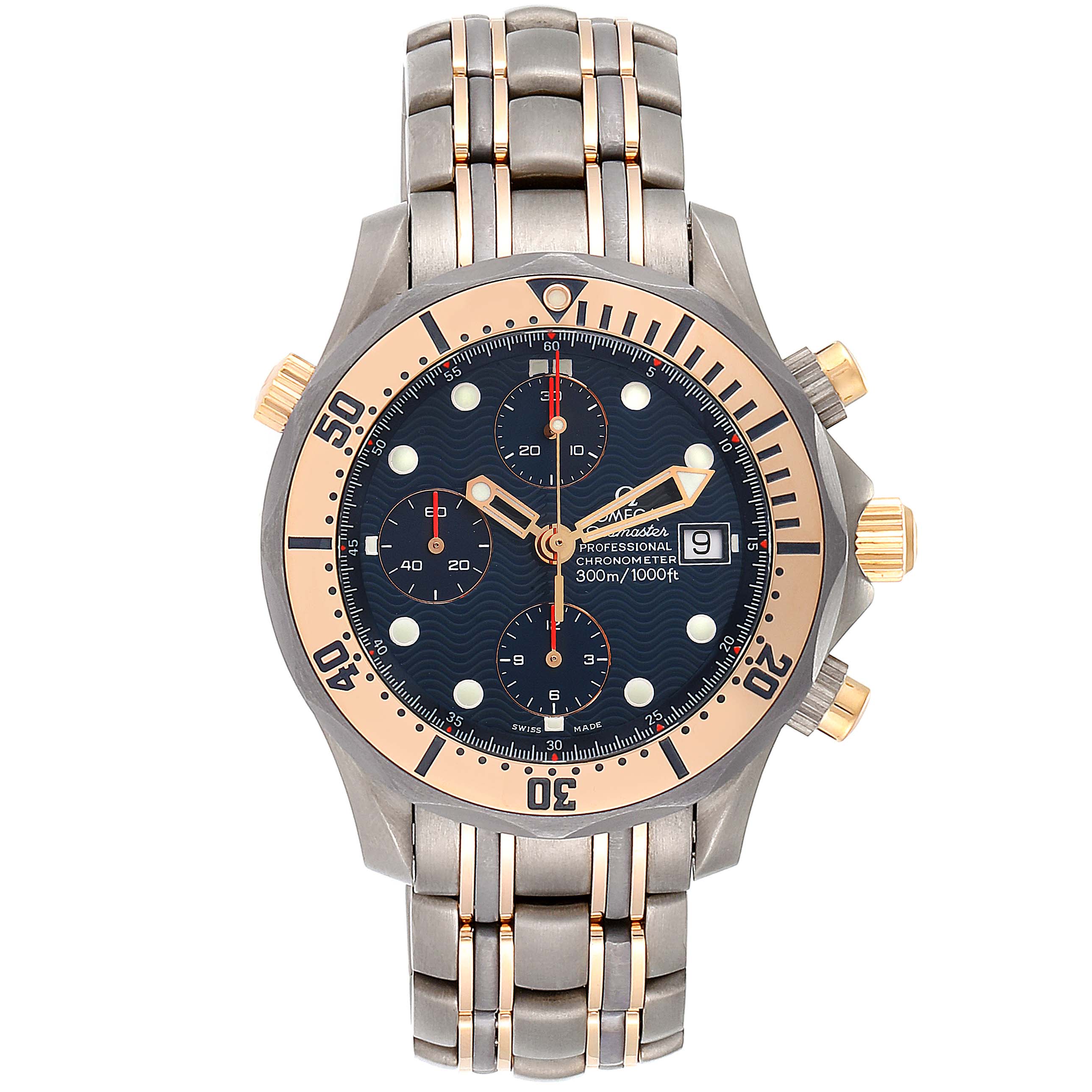 The Seamaster Omega watch is shown from a top-down angle, displaying its face, bezel, and bracelet.
