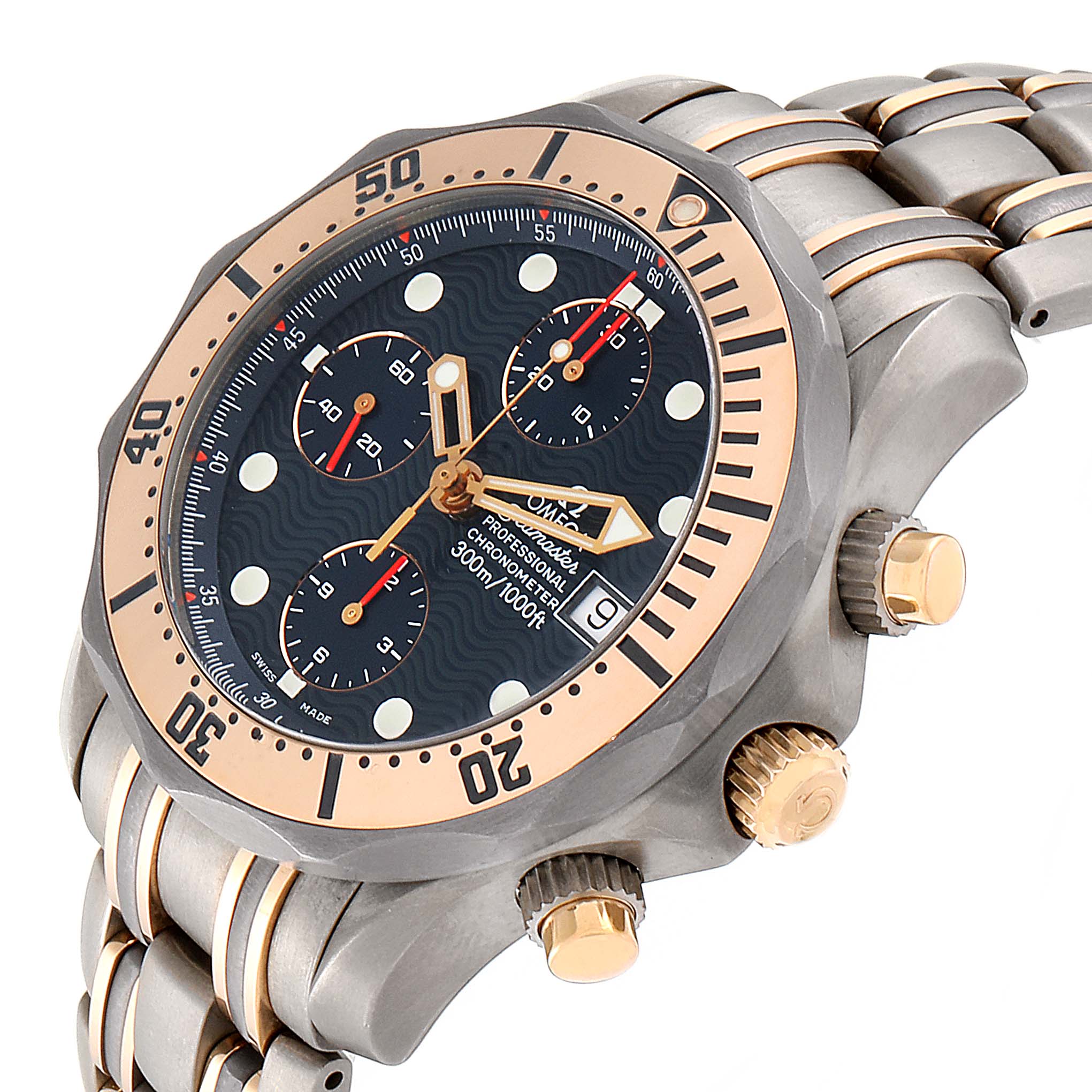 The image shows a close-up angle of the Omega Seamaster 2296.80.00 Men
s Titanium Blue Dial 2296.80.00 Men
s Titanium Blue Dial watch
s face, bezel, and part of the bracelet.