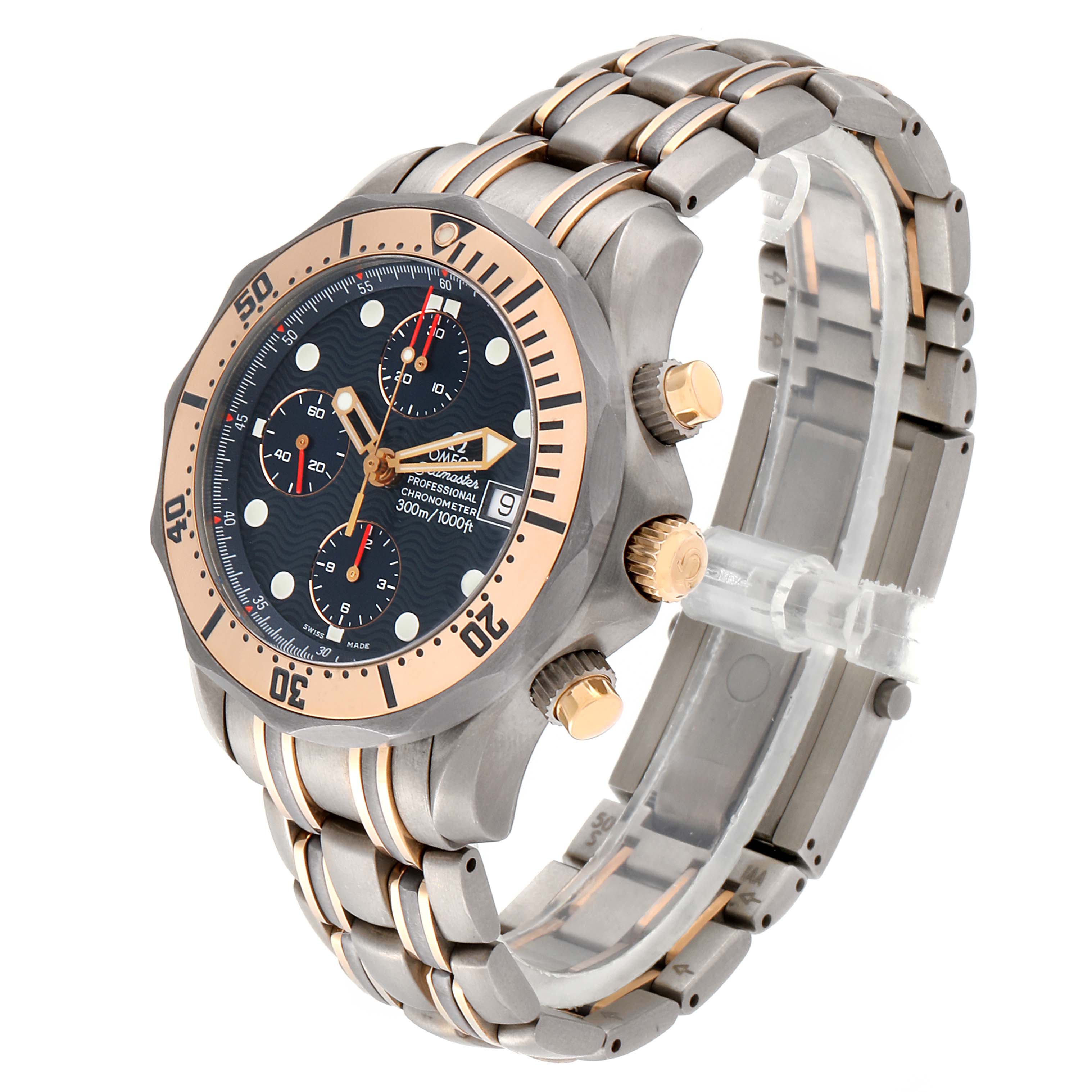 The Omega Seamaster 2296.80.00 Men
s Titanium Blue Dial 2296.80.00 Men
s Titanium Blue Dial watch is shown at an angle highlighting the face, bezel, crown, and bracelet.