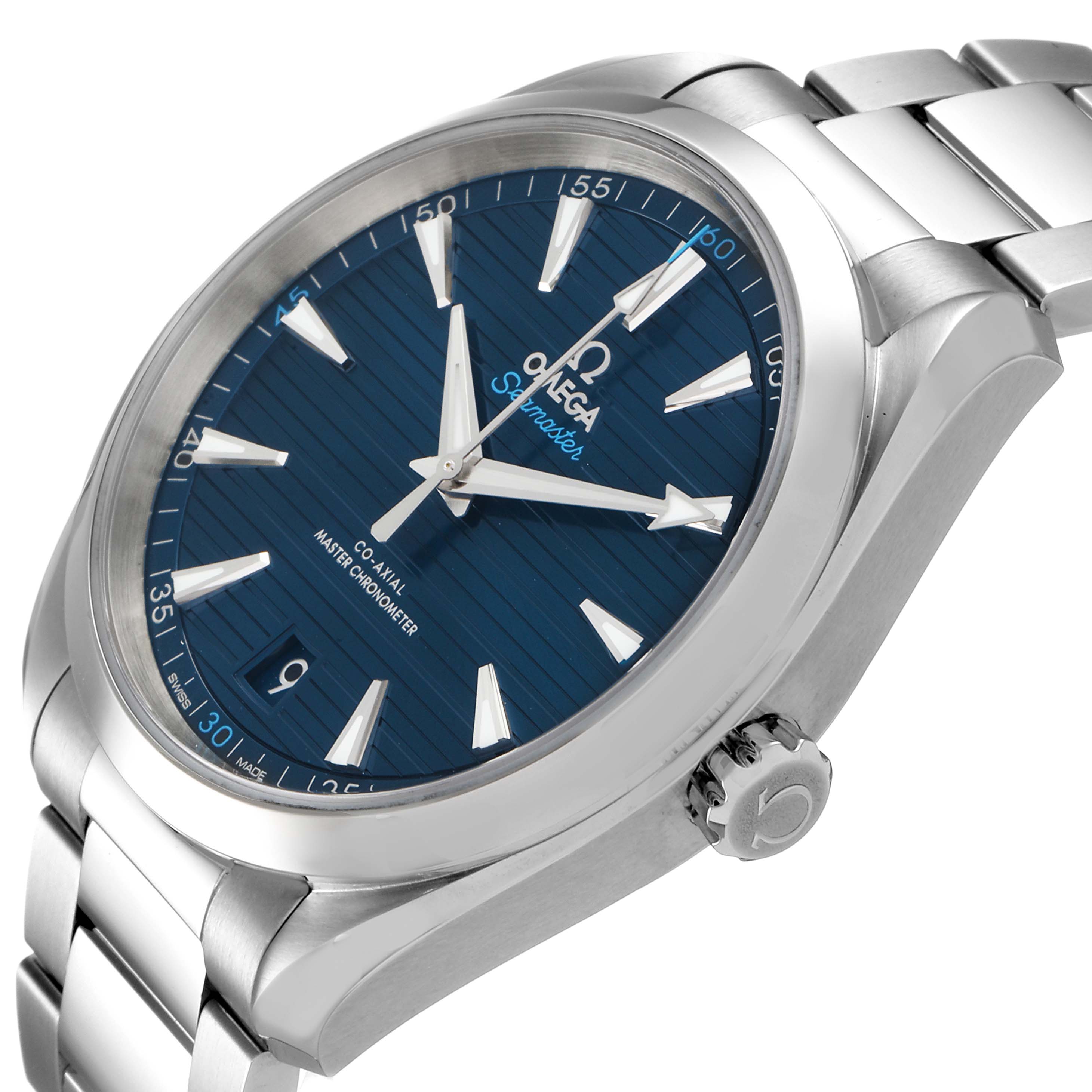 The Omega Aqua Terra 220.10.41.21.03.001 Men's Stainless Steel Blue Dial 220.10.41.21.03.001 Men's Stainless Steel Blue Dial watch is shown at an angle highlighting its blue dial, stainless steel bracelet, and crown.