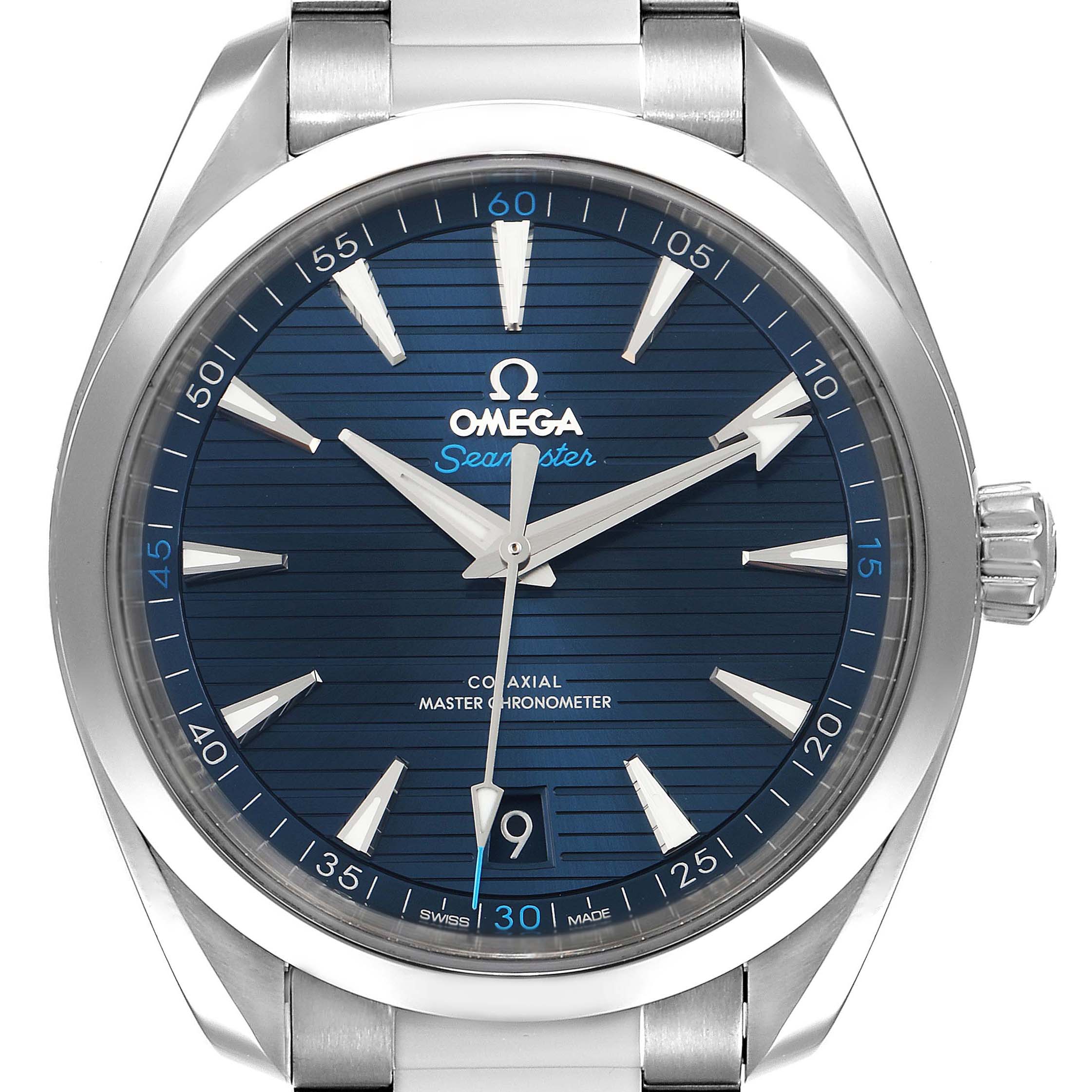 The image shows a front view of the Omega Aqua Terra 220.10.41.21.03.001 Men's Stainless Steel Blue Dial 220.10.41.21.03.001 Men's Stainless Steel Blue Dial watch, featuring its blue dial, hour markers, hands, date display, and stainless steel bezel.
