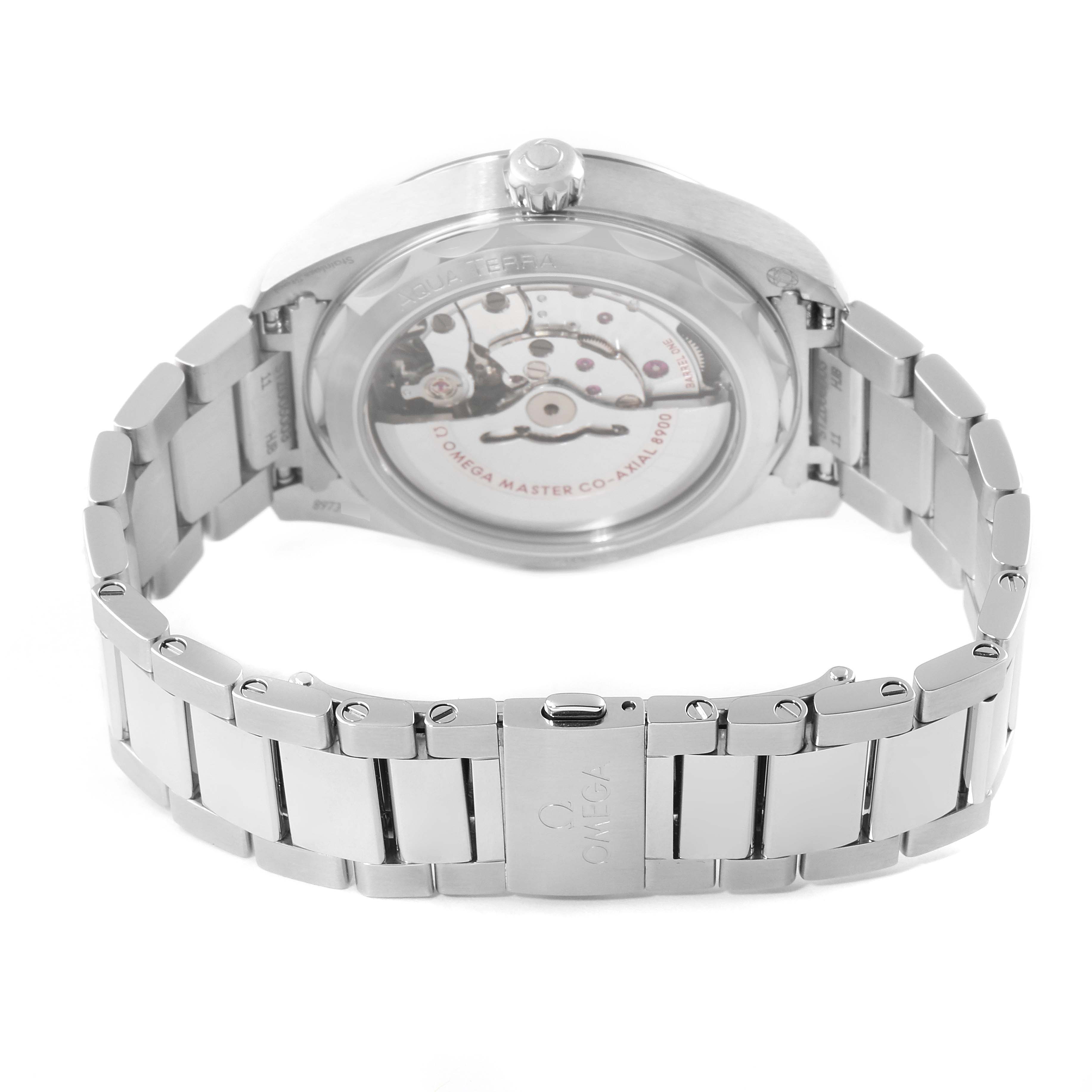 Rear view of the Omega Aqua Terra 220.10.41.21.03.001 Men's Stainless Steel Blue Dial 220.10.41.21.03.001 Men's Stainless Steel Blue Dial watch showing the movement through the case back and part of the stainless steel bracelet.