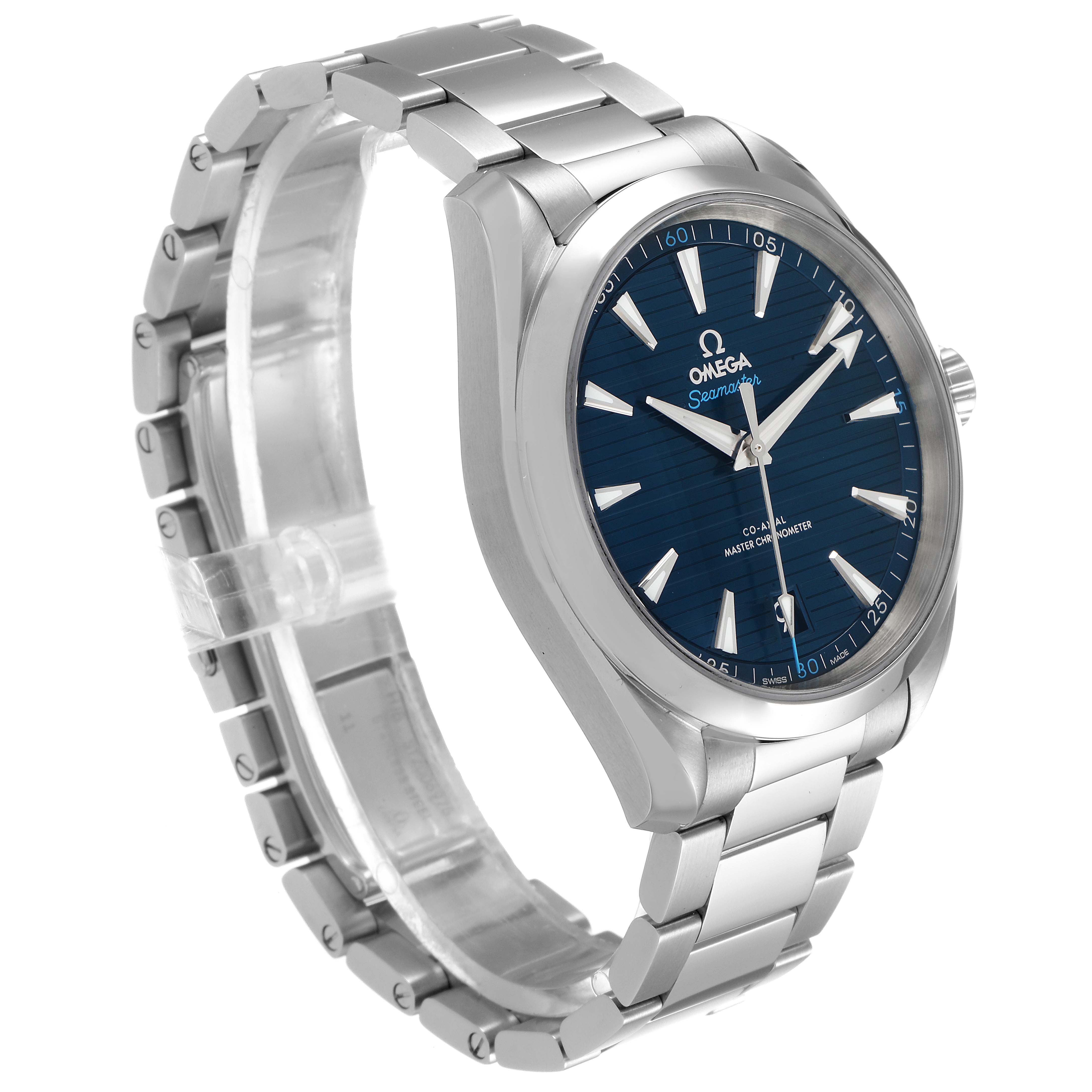 This image shows the Omega Aqua Terra 220.10.41.21.03.001 Men's Stainless Steel Blue Dial 220.10.41.21.03.001 Men's Stainless Steel Blue Dial wristwatch at a three-quarter angle, highlighting its dial, bracelet, and case.
