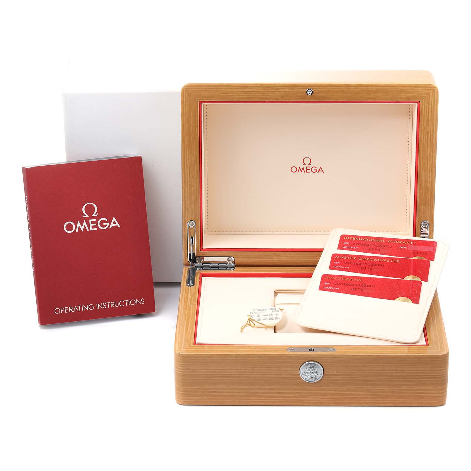 The image shows the box, operating instructions, and warranty cards for an Omega Aqua Terra 220.10.41.21.03.001 Men's Stainless Steel Blue Dial 220.10.41.21.03.001 Men's Stainless Steel Blue Dial watch.