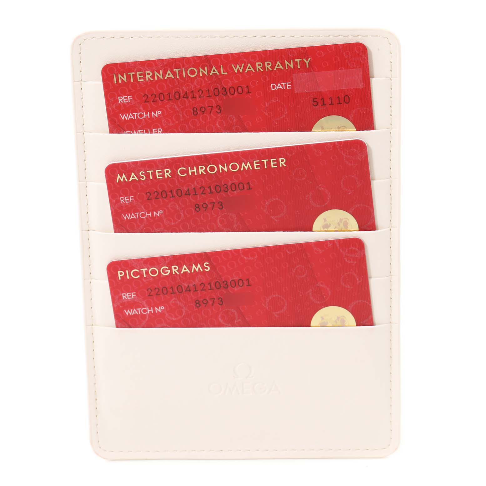 This image shows an Omega Aqua Terra 220.10.41.21.03.001 Men's Stainless Steel Blue Dial 220.10.41.21.03.001 Men's Stainless Steel Blue Dial model's warranty, master chronometer, and pictogram cards in a white cardholder.