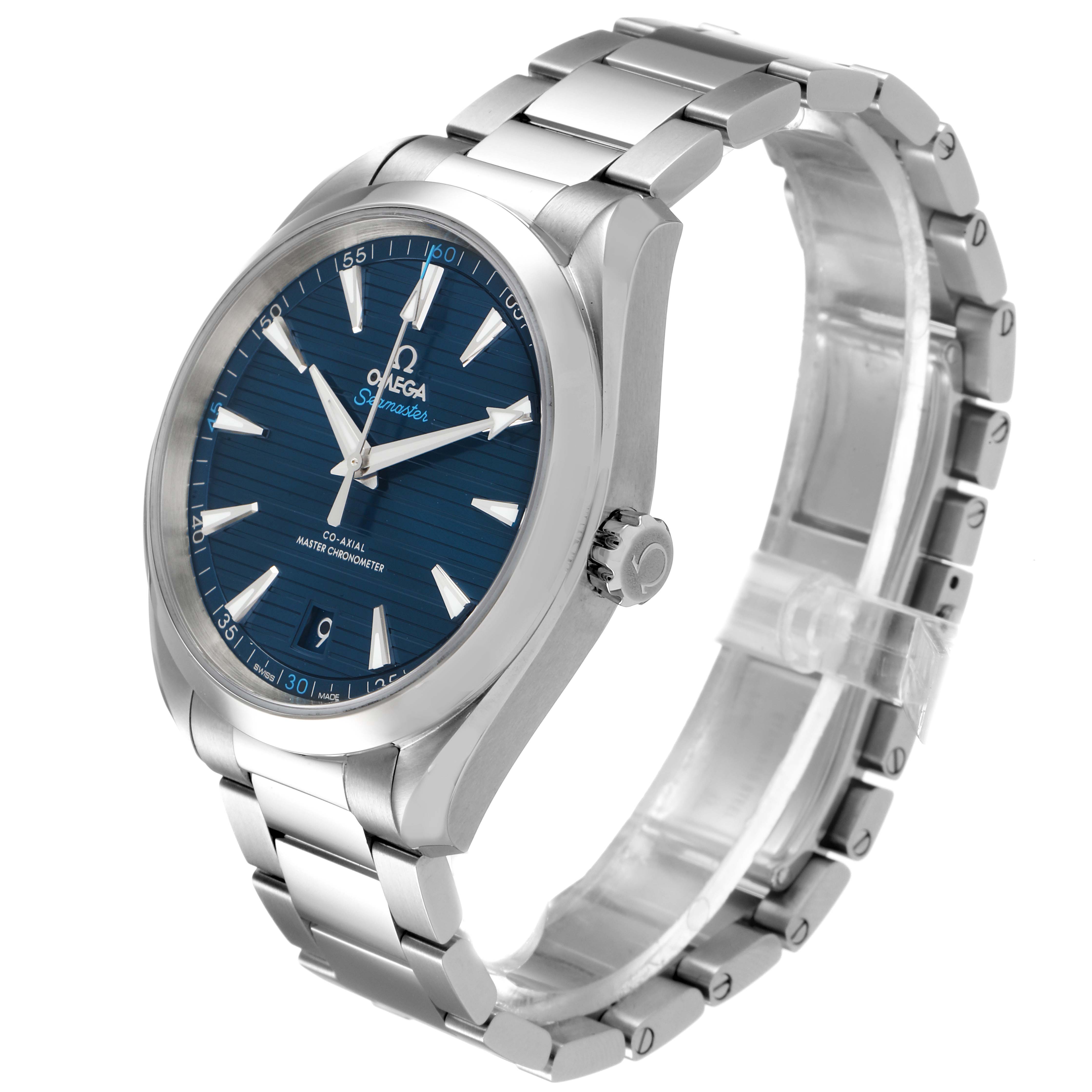 The Omega Aqua Terra 220.10.41.21.03.001 Men's Stainless Steel Blue Dial 220.10.41.21.03.001 Men's Stainless Steel Blue Dial watch is shown at a three-quarter angle, highlighting its blue dial, stainless steel bracelet, and crown.