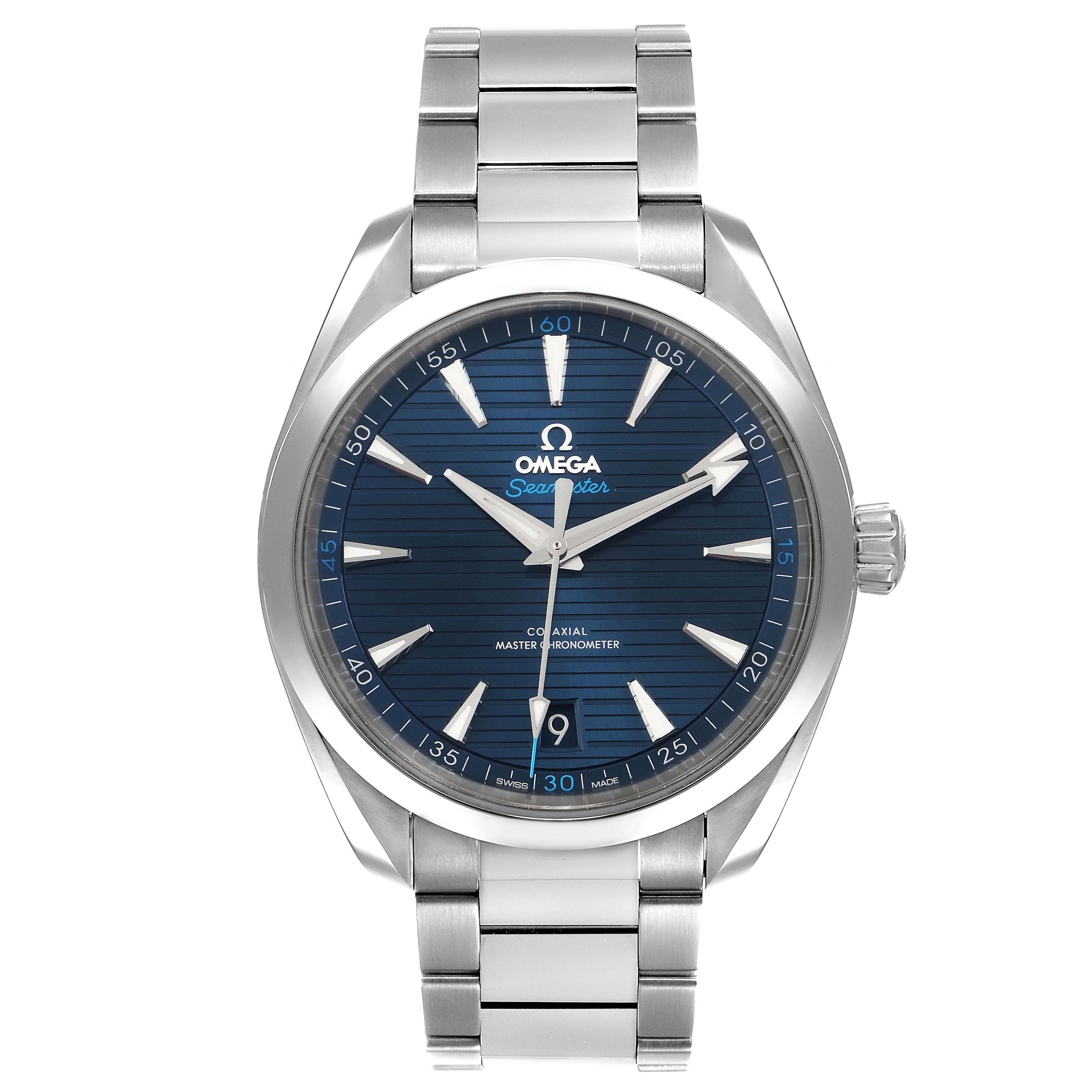 This image shows the Omega Aqua Terra 220.10.41.21.03.001 Men's Stainless Steel Blue Dial 220.10.41.21.03.001 Men's Stainless Steel Blue Dial watch from the front, highlighting the dial, hands, bezel, and stainless steel bracelet.