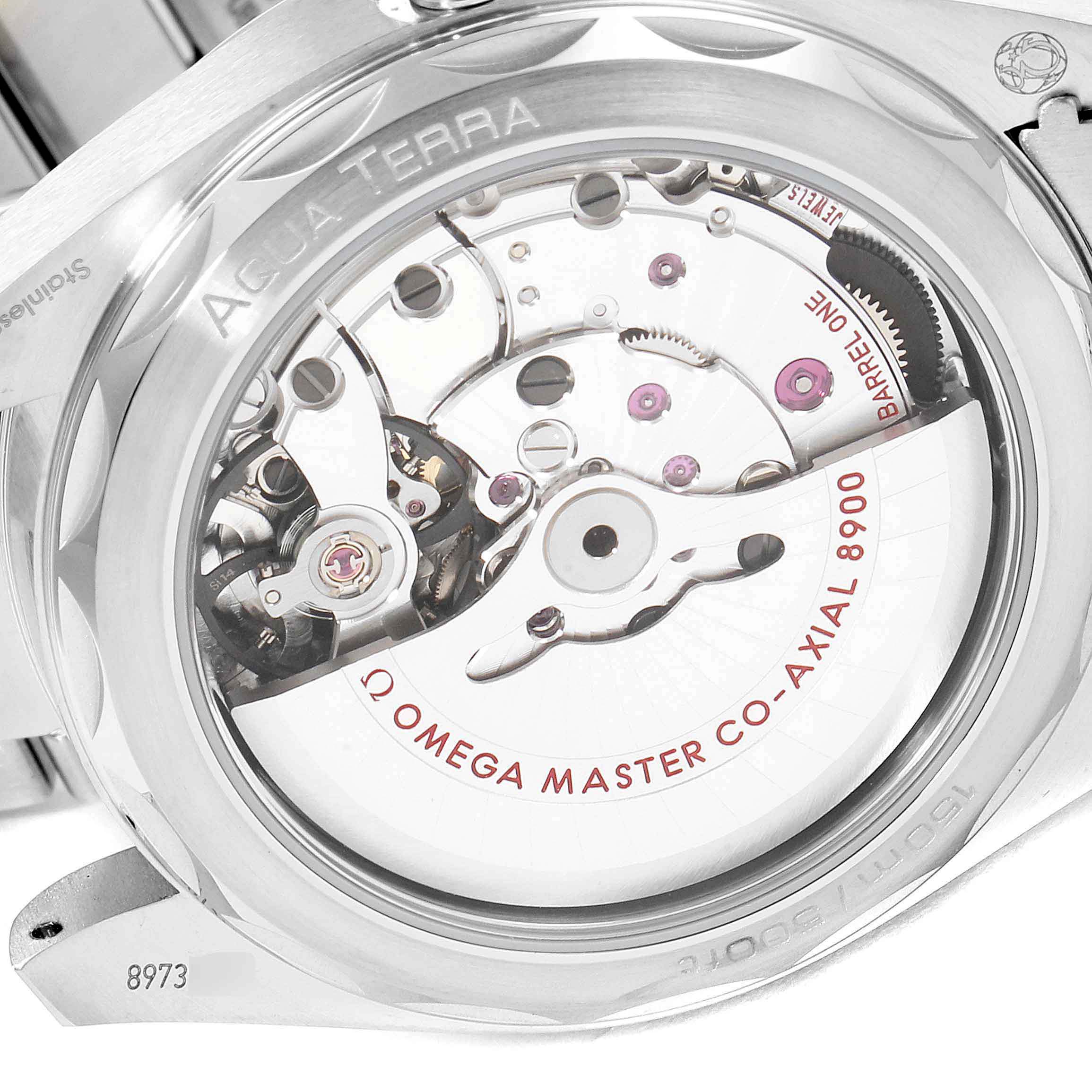 The image shows a close-up view of the movement and case back of the Omega Aqua Terra 220.10.41.21.03.001 Men's Stainless Steel Blue Dial 220.10.41.21.03.001 Men's Stainless Steel Blue Dial watch.