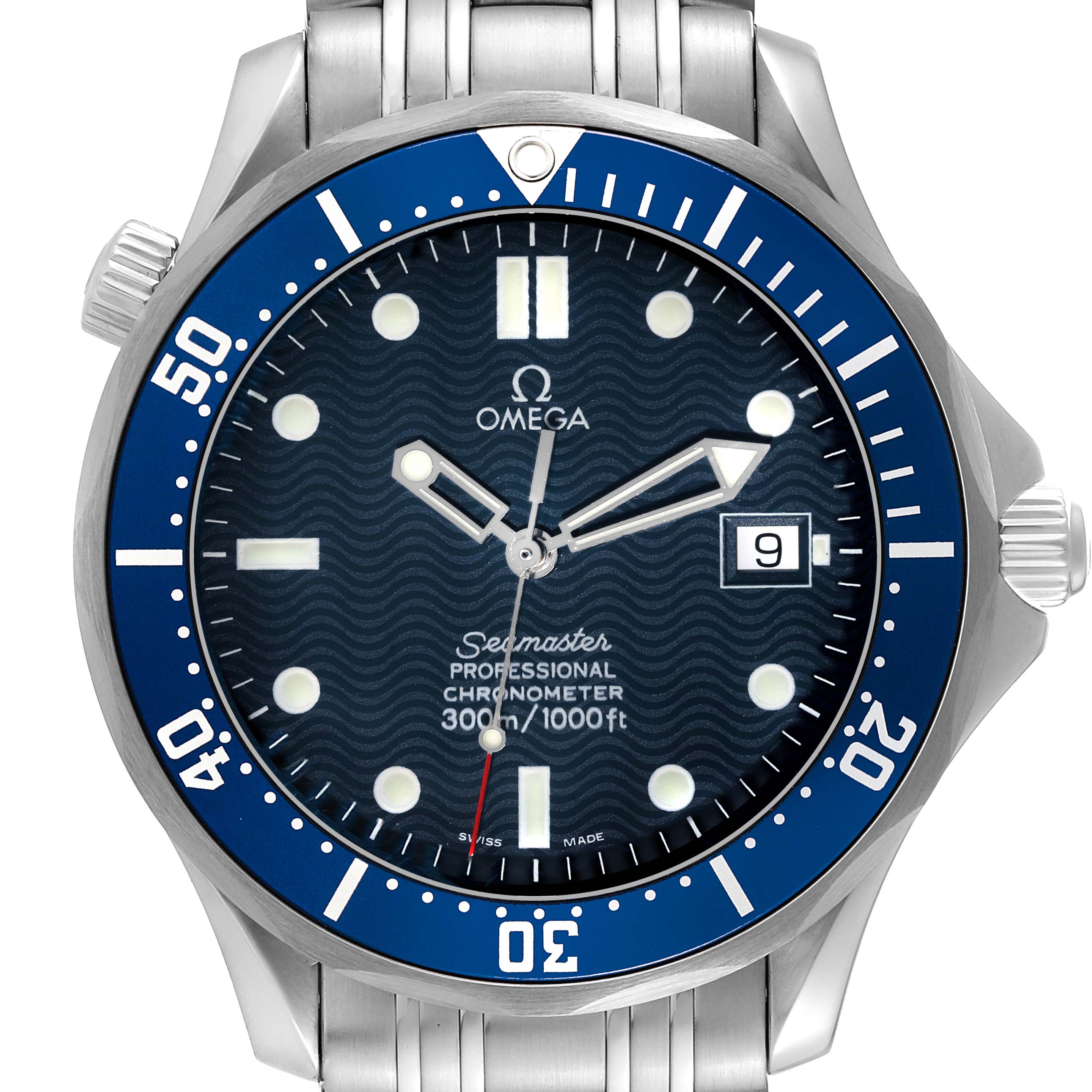 The image shows a front view of the Omega Seamaster 2531.80.00 Men
s Stainless Steel Blue Dial 2531.80.00 Men
s Stainless Steel Blue Dial watch, highlighting the dial, bezel, and part of the bracelet.