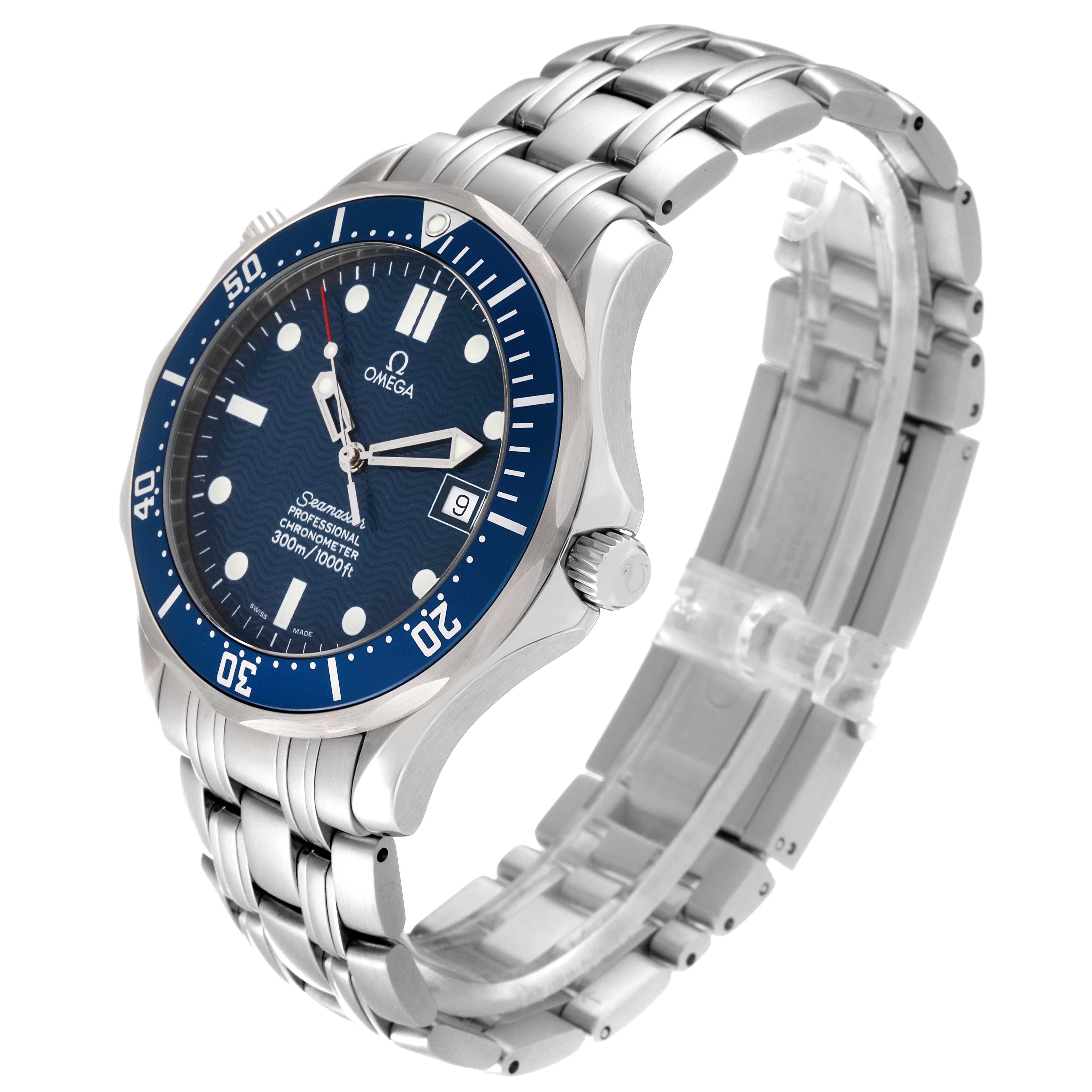 The Omega Seamaster 2531.80.00 Men
s Stainless Steel Blue Dial 2531.80.00 Men
s Stainless Steel Blue Dial watch is shown at a 3/4 angle, displaying its dial, bezel, crown, and metal bracelet.