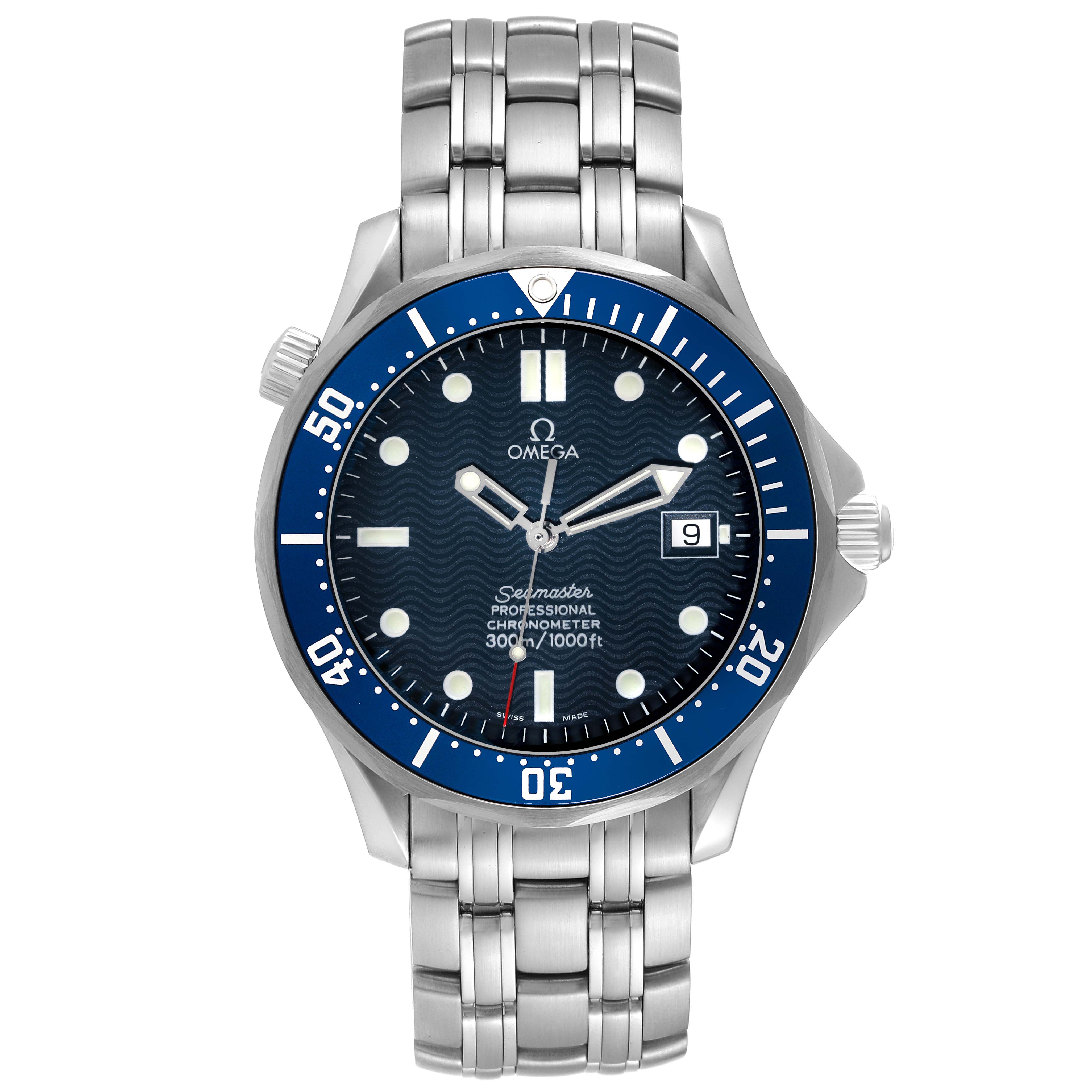 The image shows a front view of the Omega Seamaster 2531.80.00 Men
s Stainless Steel Blue Dial 2531.80.00 Men
s Stainless Steel Blue Dial watch, highlighting the face, bezel, hands, and stainless steel bracelet.