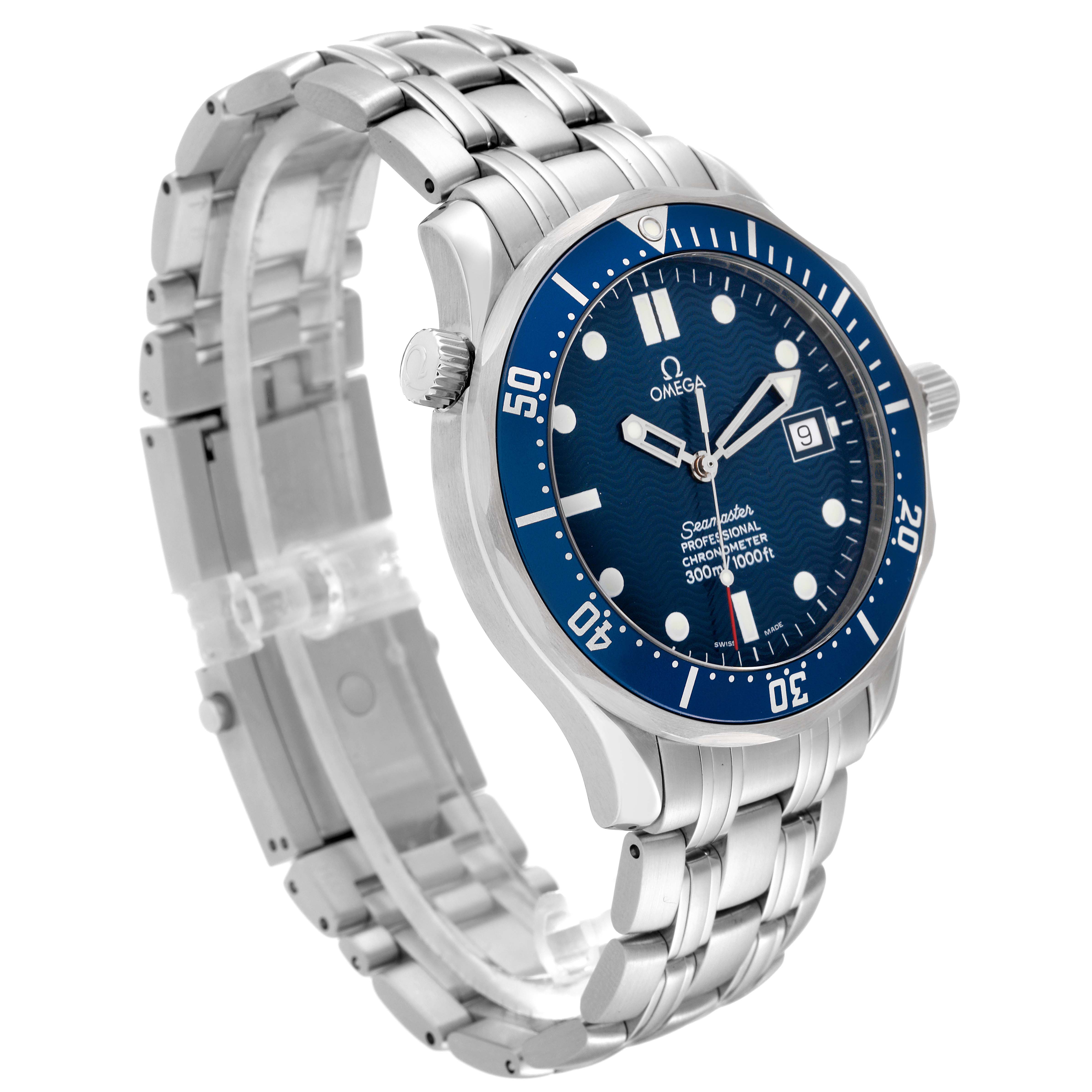 The image shows an Omega Seamaster 2531.80.00 Men
s Stainless Steel Blue Dial 2531.80.00 Men
s Stainless Steel Blue Dial watch at an angle displaying the dial, bezel, crown, and stainless steel bracelet.