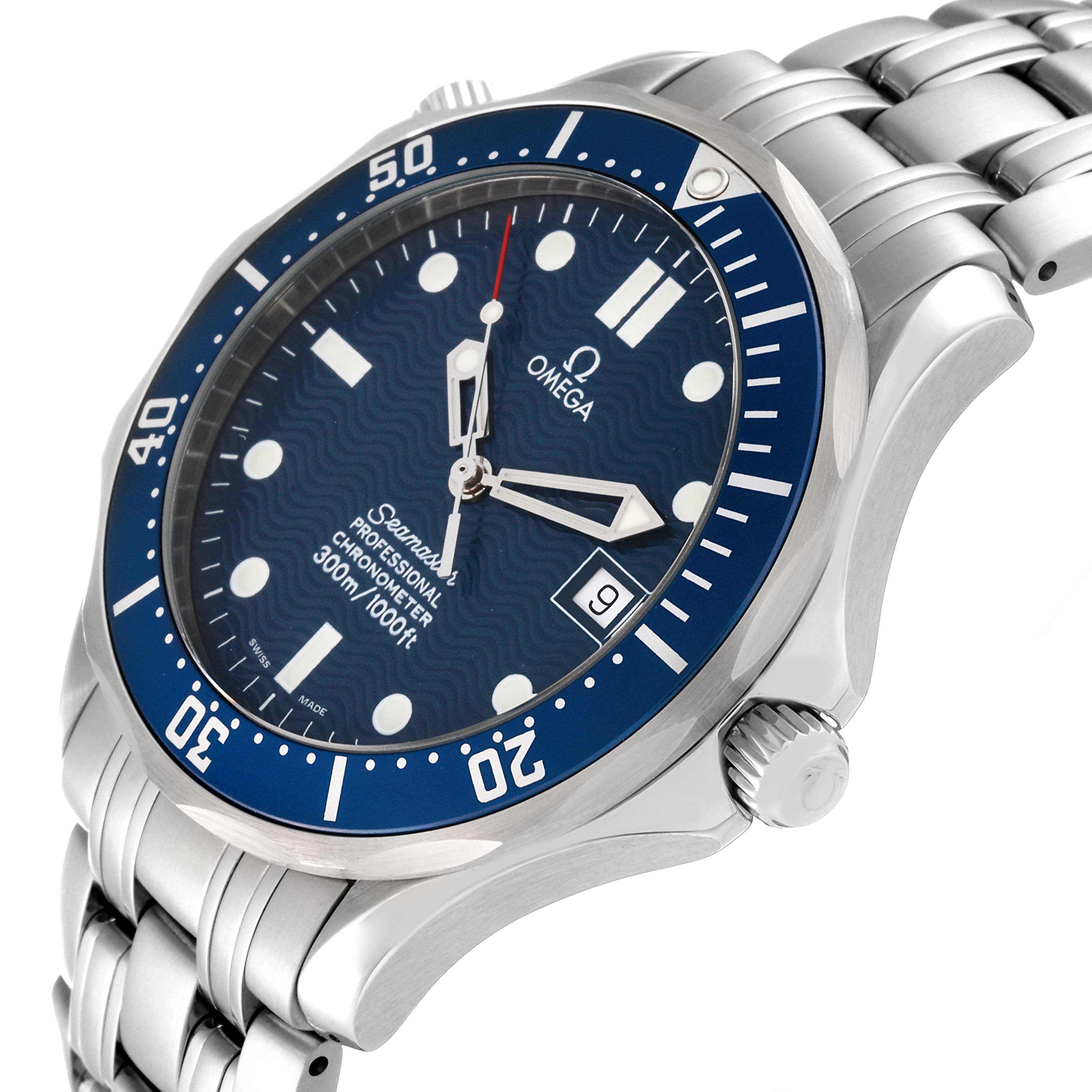 The image shows an angled view of an Omega Seamaster 2531.80.00 Men
s Stainless Steel Blue Dial 2531.80.00 Men
s Stainless Steel Blue Dial watch, highlighting the dial, bezel, crown, and bracelet.