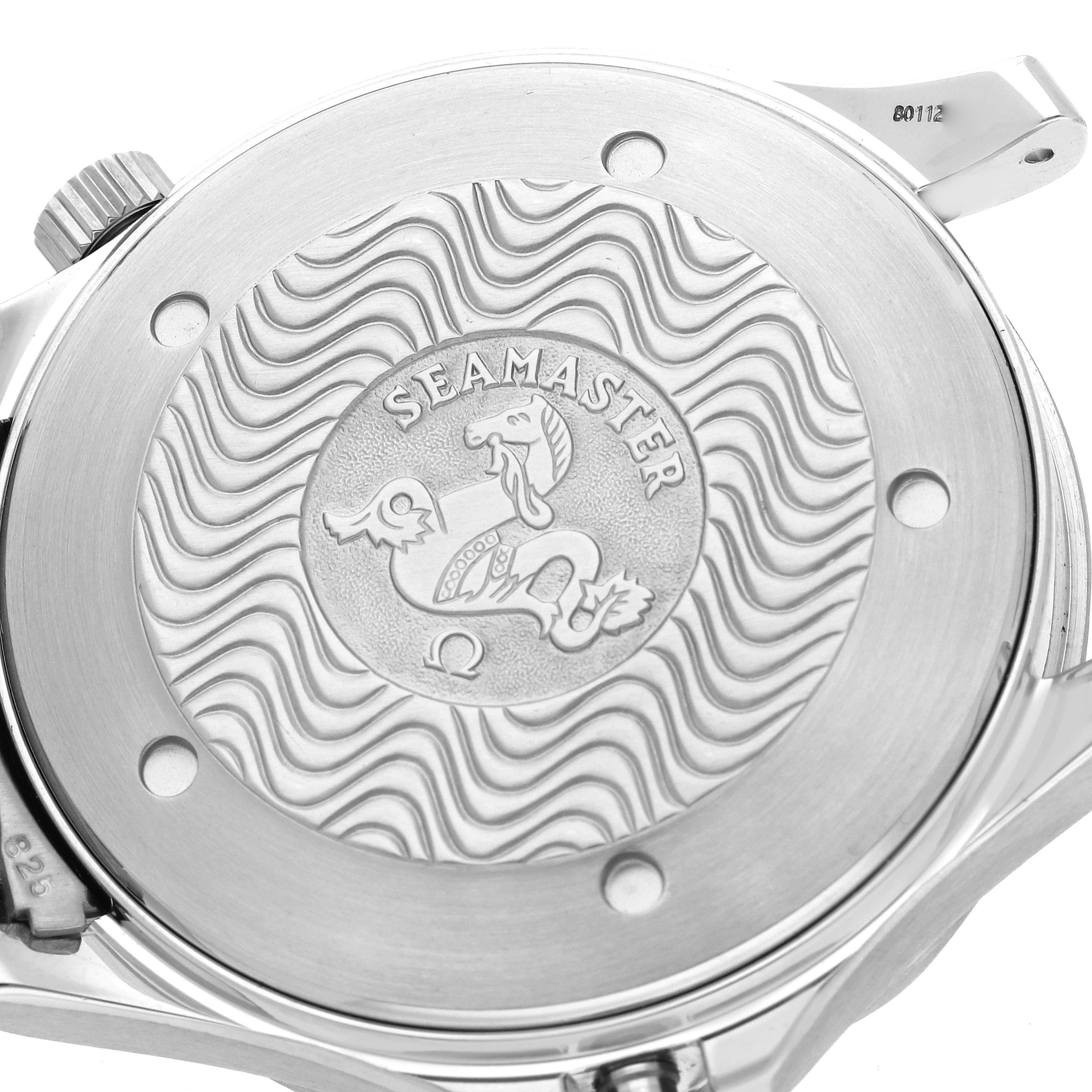 The image shows the back case of an Omega Seamaster 2531.80.00 Men
s Stainless Steel Blue Dial 2531.80.00 Men
s Stainless Steel Blue Dial watch at an oblique angle, highlighting the engraved logo.