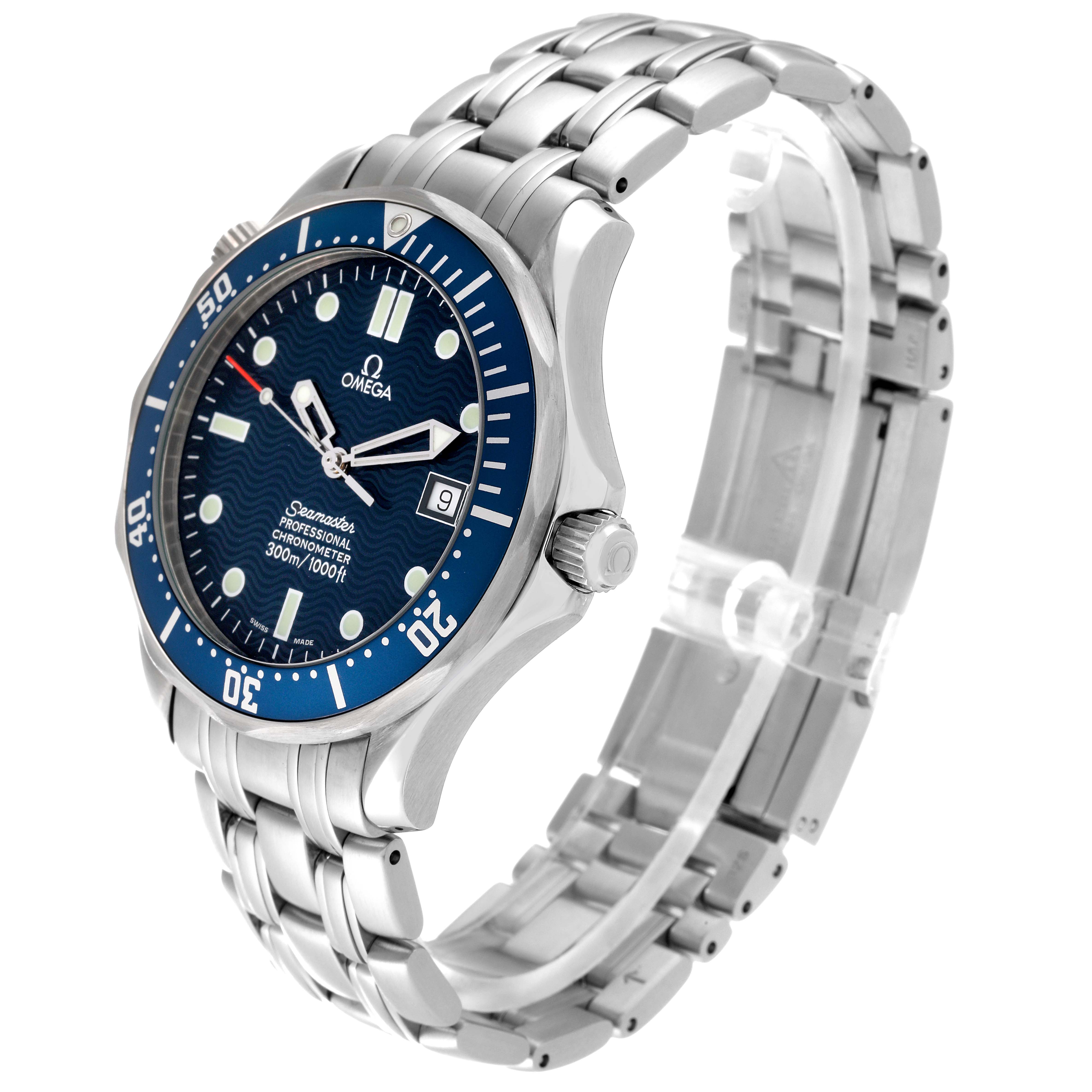 The image shows an angled side view of the Omega Seamaster 2531.80.00 Men
s Stainless Steel Blue Dial 2531.80.00 Men
s Stainless Steel Blue Dial watch, highlighting the blue dial, bezel, crown, and metal bracelet.