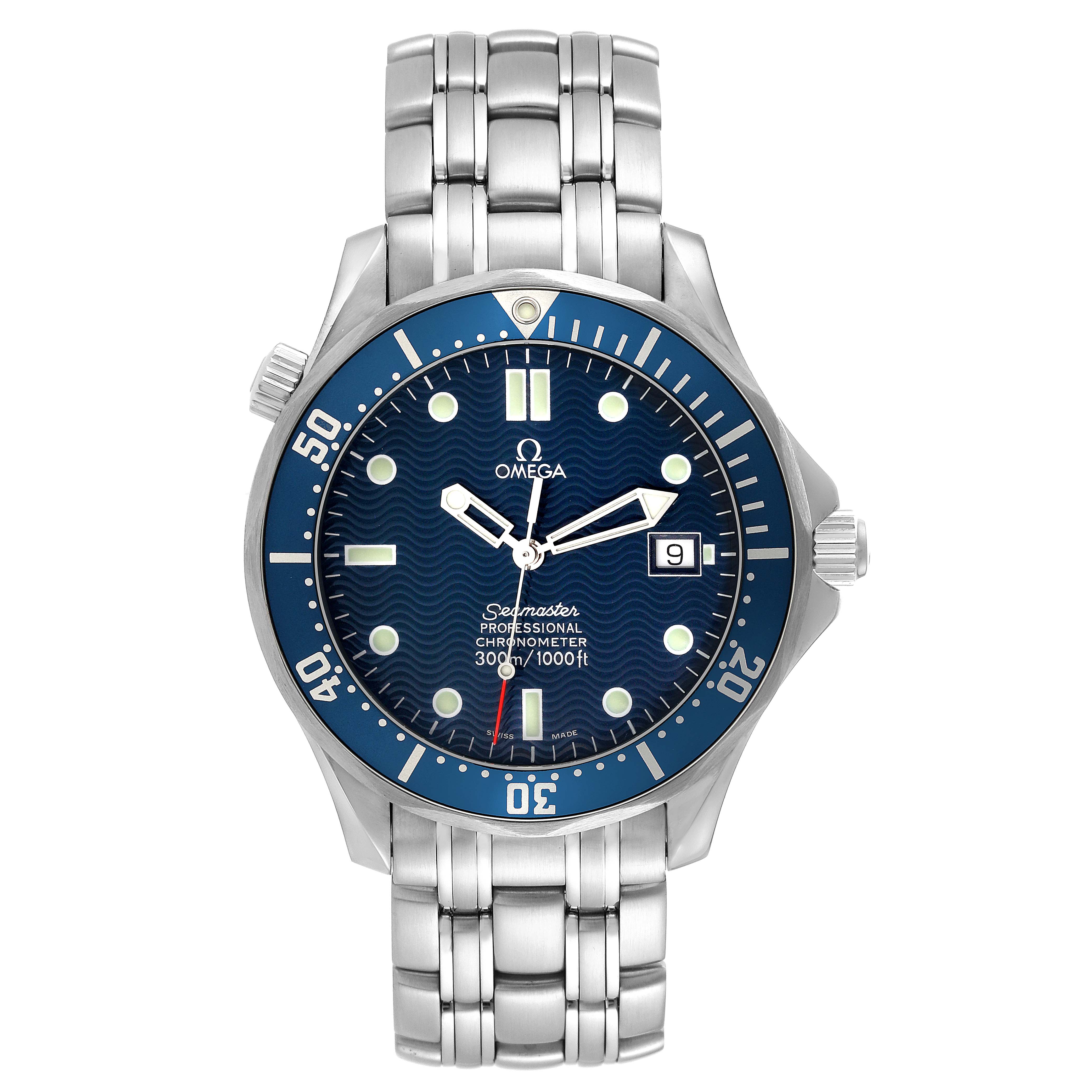 The Omega Seamaster 2531.80.00 Men
s Stainless Steel Blue Dial 2531.80.00 Men
s Stainless Steel Blue Dial watch is shown from a front angle, displaying its dial, bezel, and stainless steel bracelet.