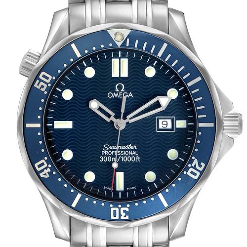The Omega Seamaster 2541.80.00 Men's Stainless Steel Blue Dial watch is shown from the front, displaying its blue dial, bezel, hands, markers, and date window.