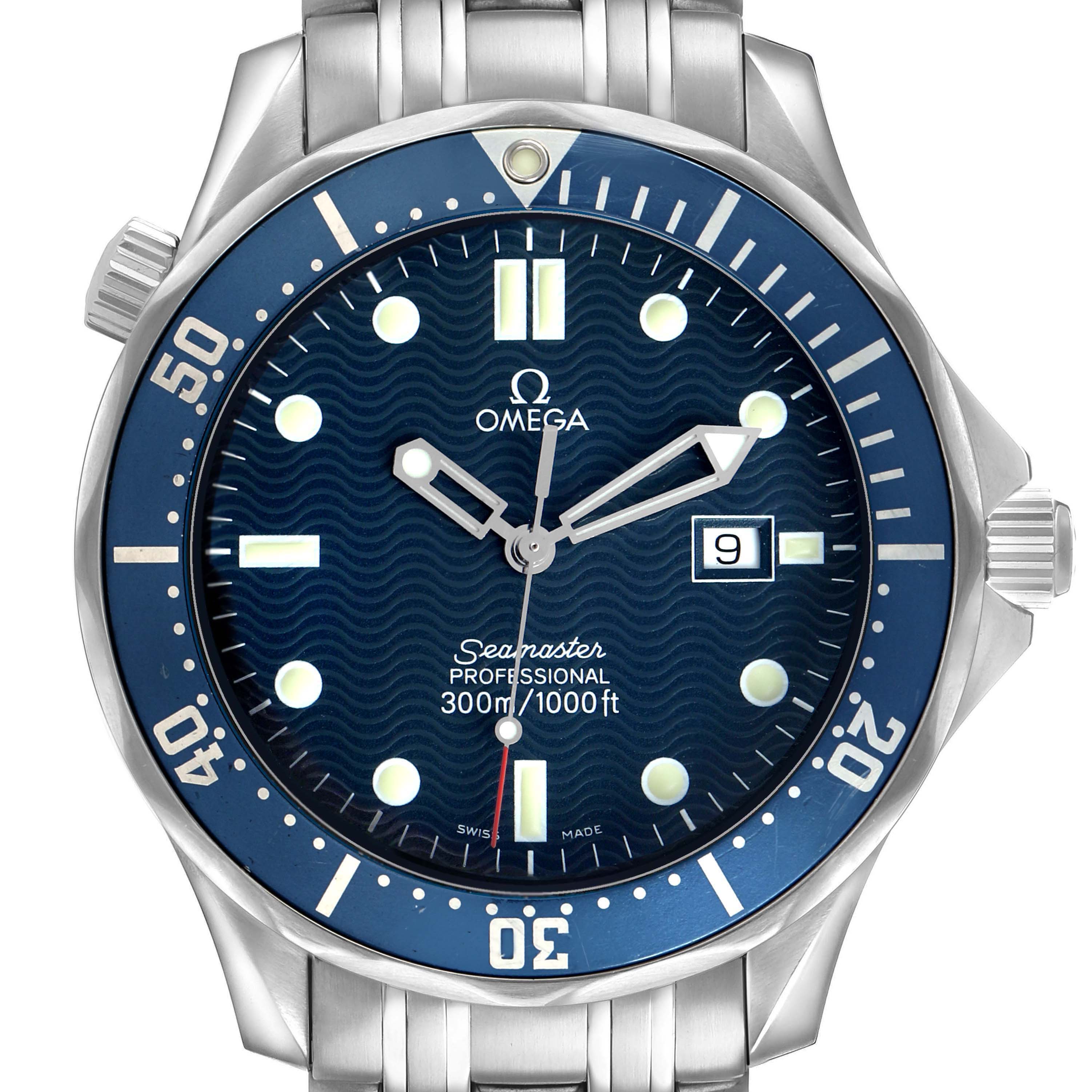 The Omega Seamaster 2541.80.00 Men's Stainless Steel Blue Dial watch is shown from the front, displaying the face, bezel, dial, hands, and bracelet.