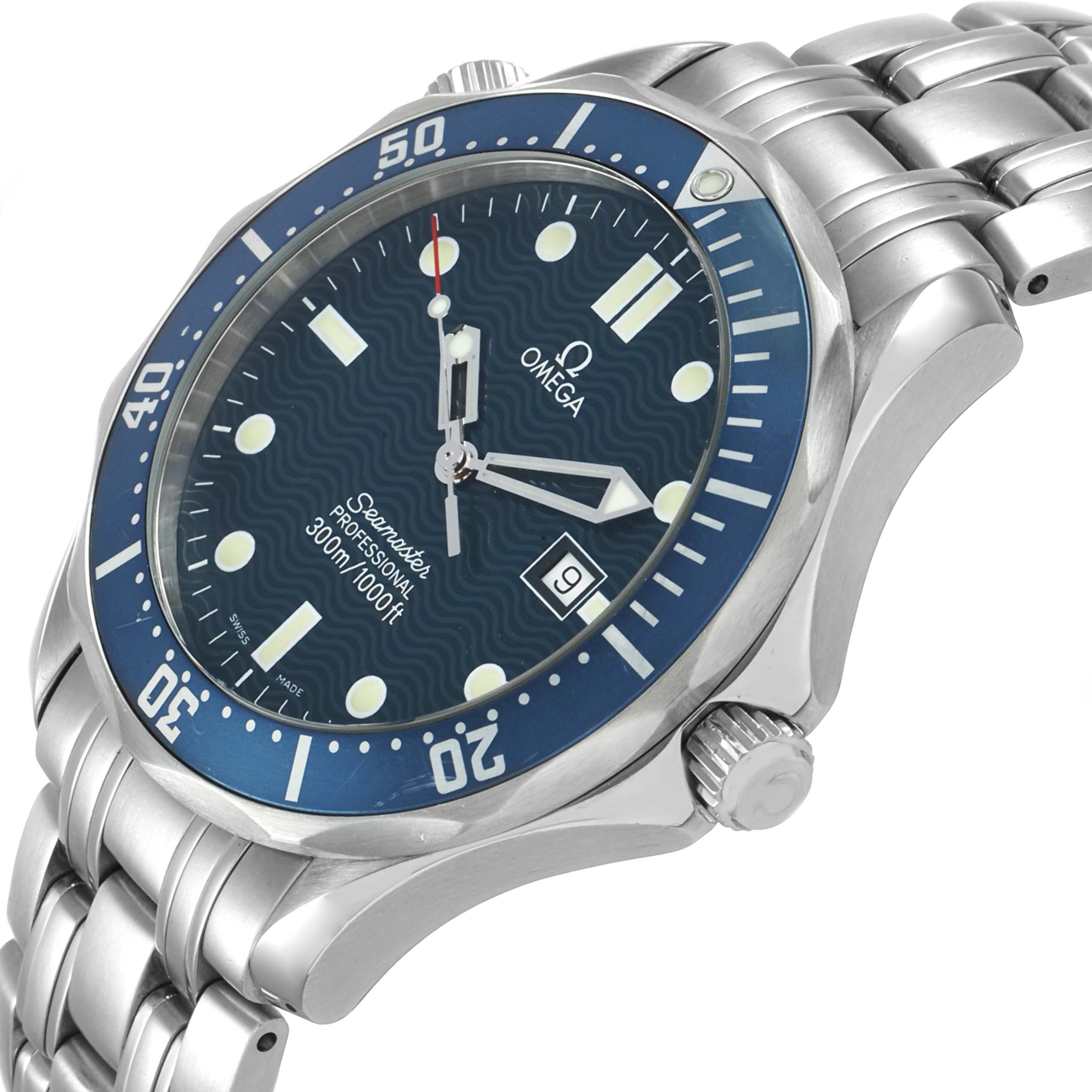 The Omega Seamaster 2541.80.00 Men's Stainless Steel Blue Dial watch is shown at an angle highlighting the face, bezel, crown, and bracelet.