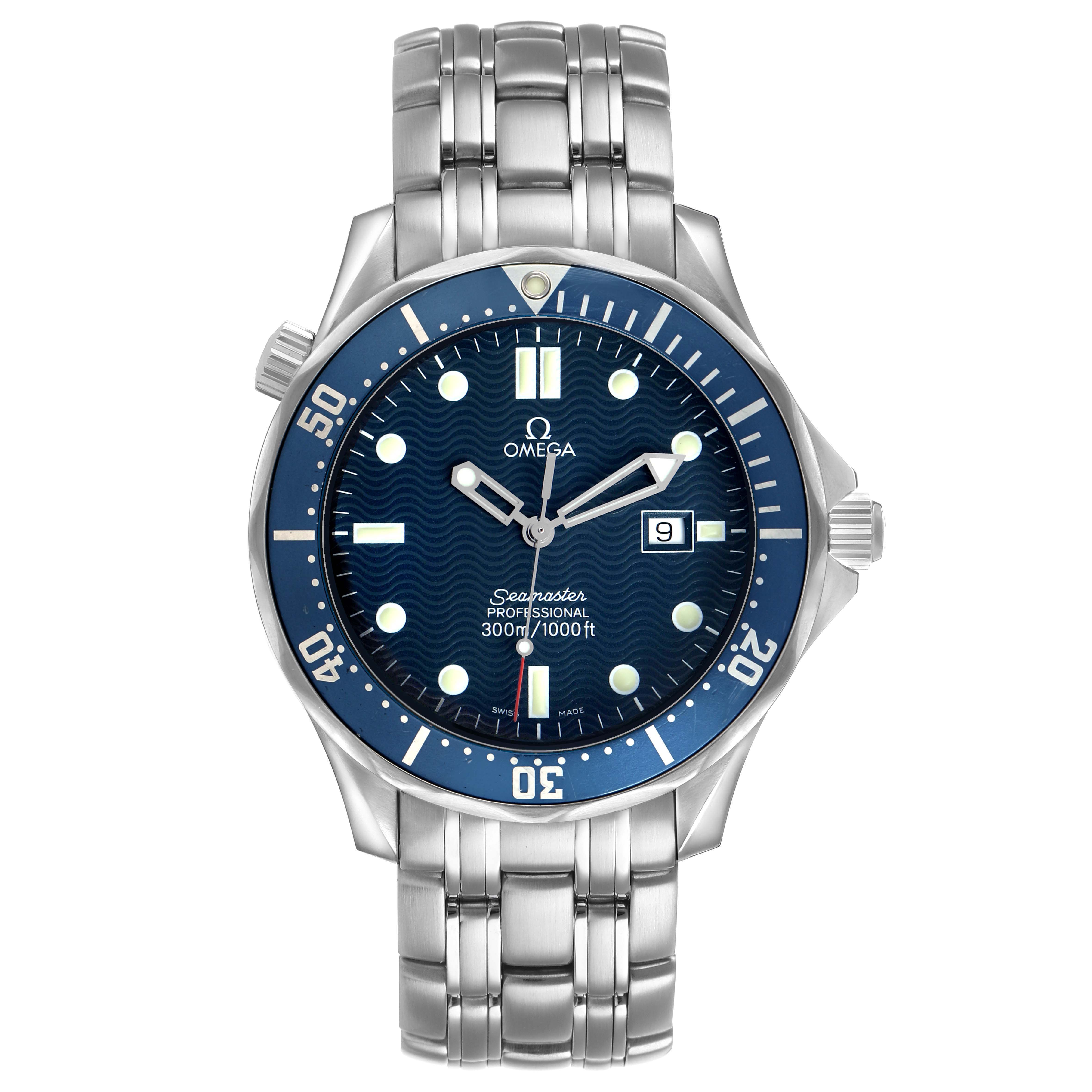 The Omega Seamaster 2541.80.00 Men's Stainless Steel Blue Dial watch is shown from the front, displaying its face, bezel, hands, and steel bracelet.