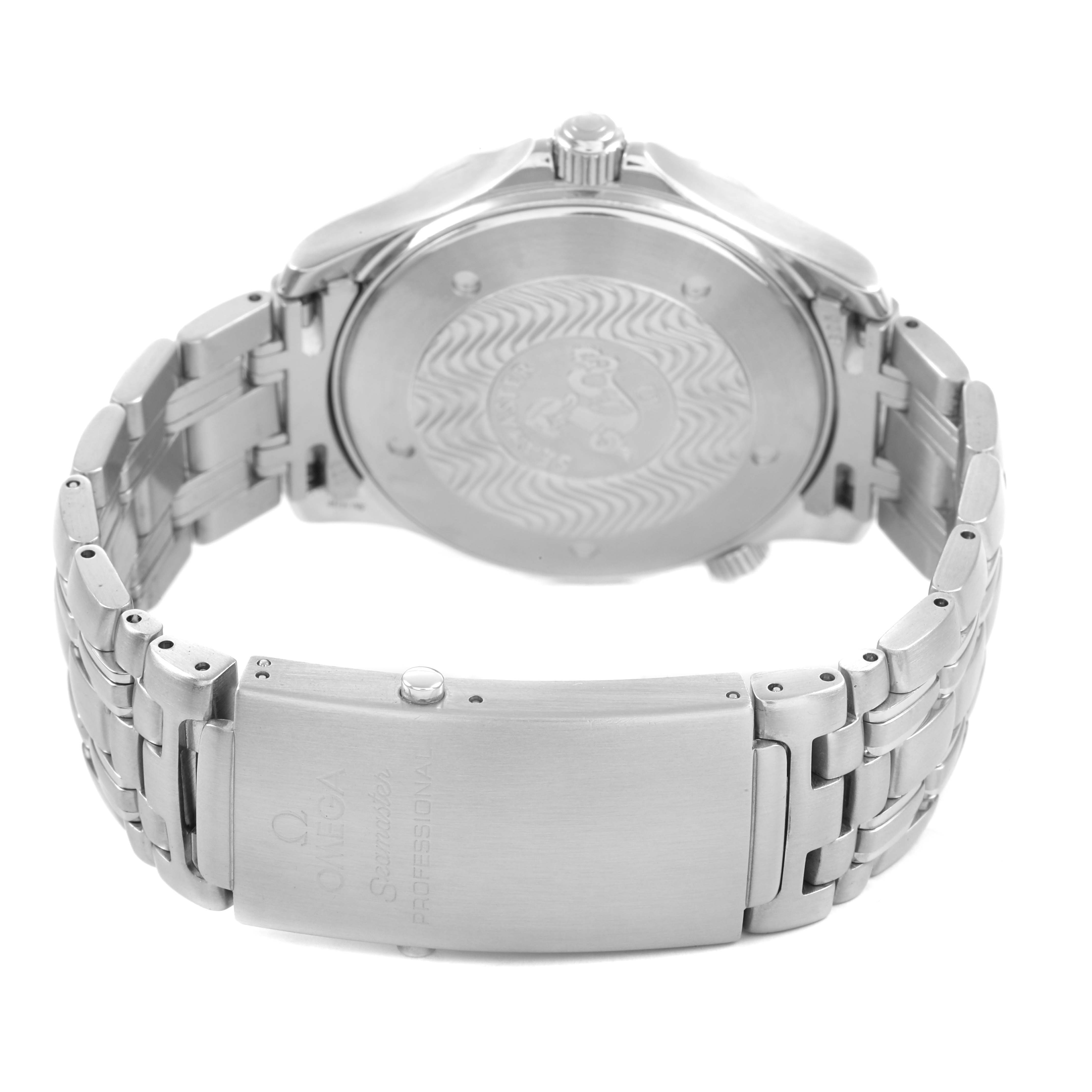 The Omega Seamaster 2541.80.00 Men's Stainless Steel Blue Dial watch is shown from the back, highlighting the case back and bracelet with clasp.
